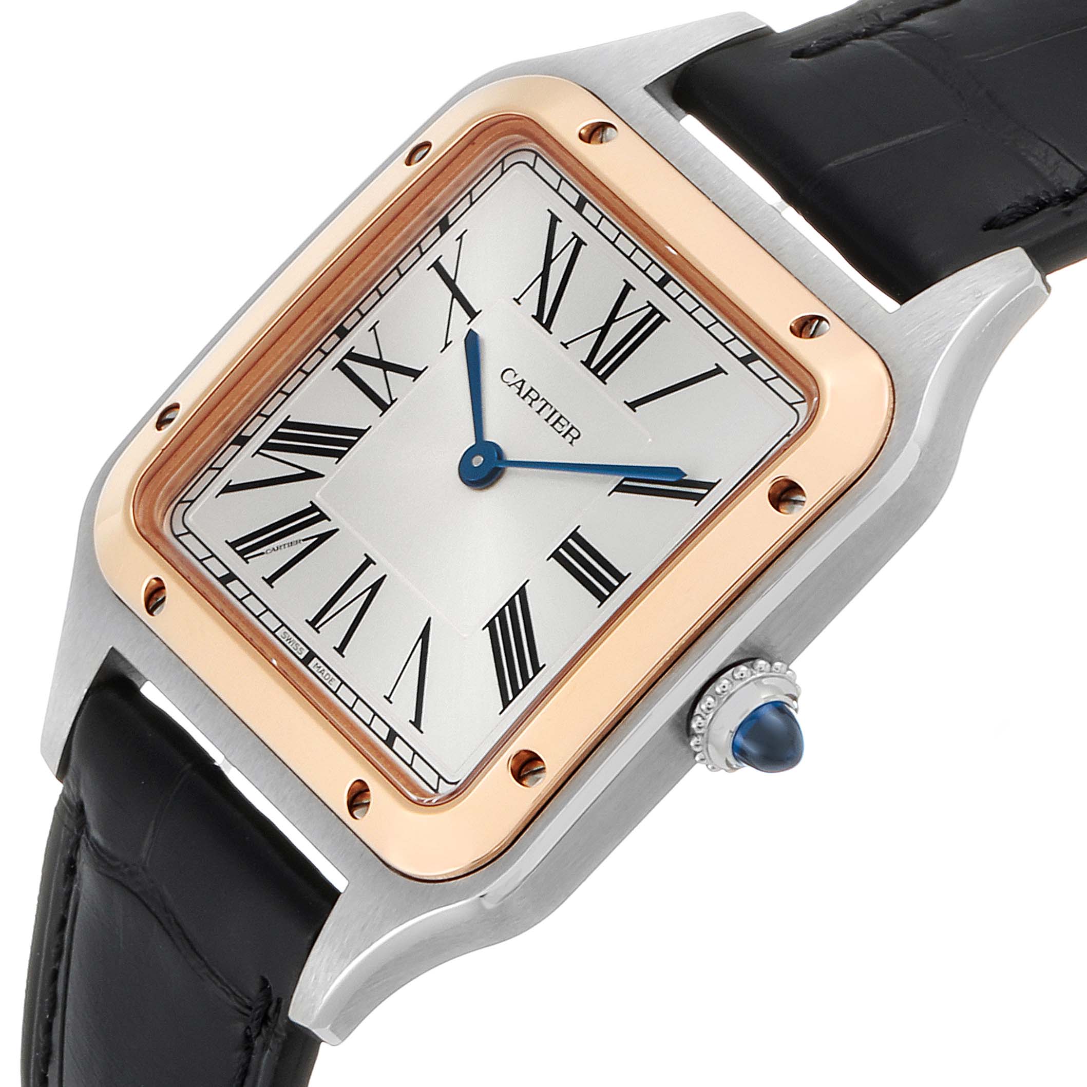 The image shows an angled view of a Cartier Santos Dumont W2SA0011 Men's Stainless Steel Silver Dial W2SA0011 Men's Stainless Steel Silver Dial watch's face, bezel, crown, and part of the strap.