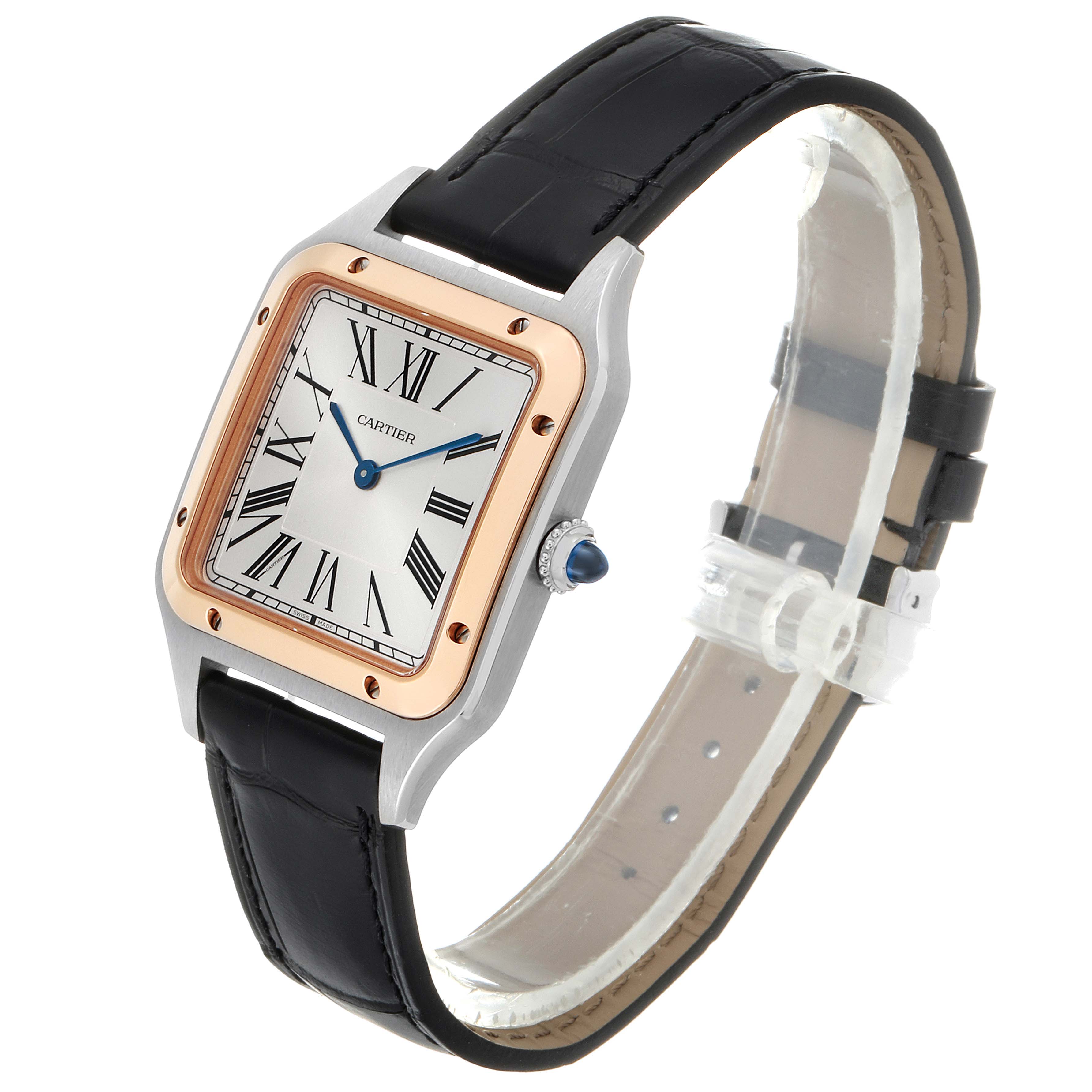 The image shows a Cartier Santos Dumont W2SA0011 Men's Stainless Steel Silver Dial W2SA0011 Men's Stainless Steel Silver Dial watch angled slightly to display its face, crown, leather strap, and case.