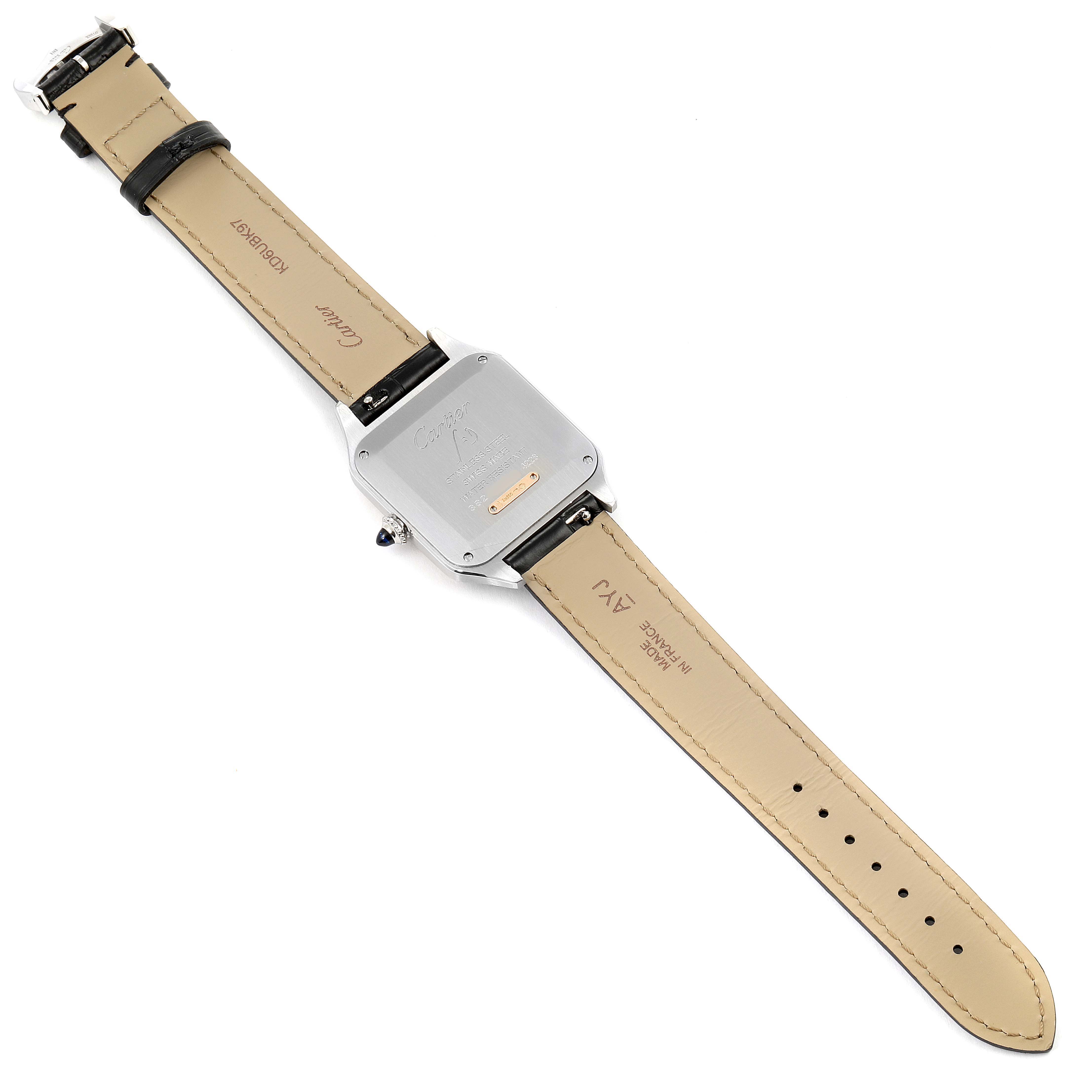 The image shows the back view of the Santos Dumont model watch by Cartier, highlighting the case back and leather strap.
