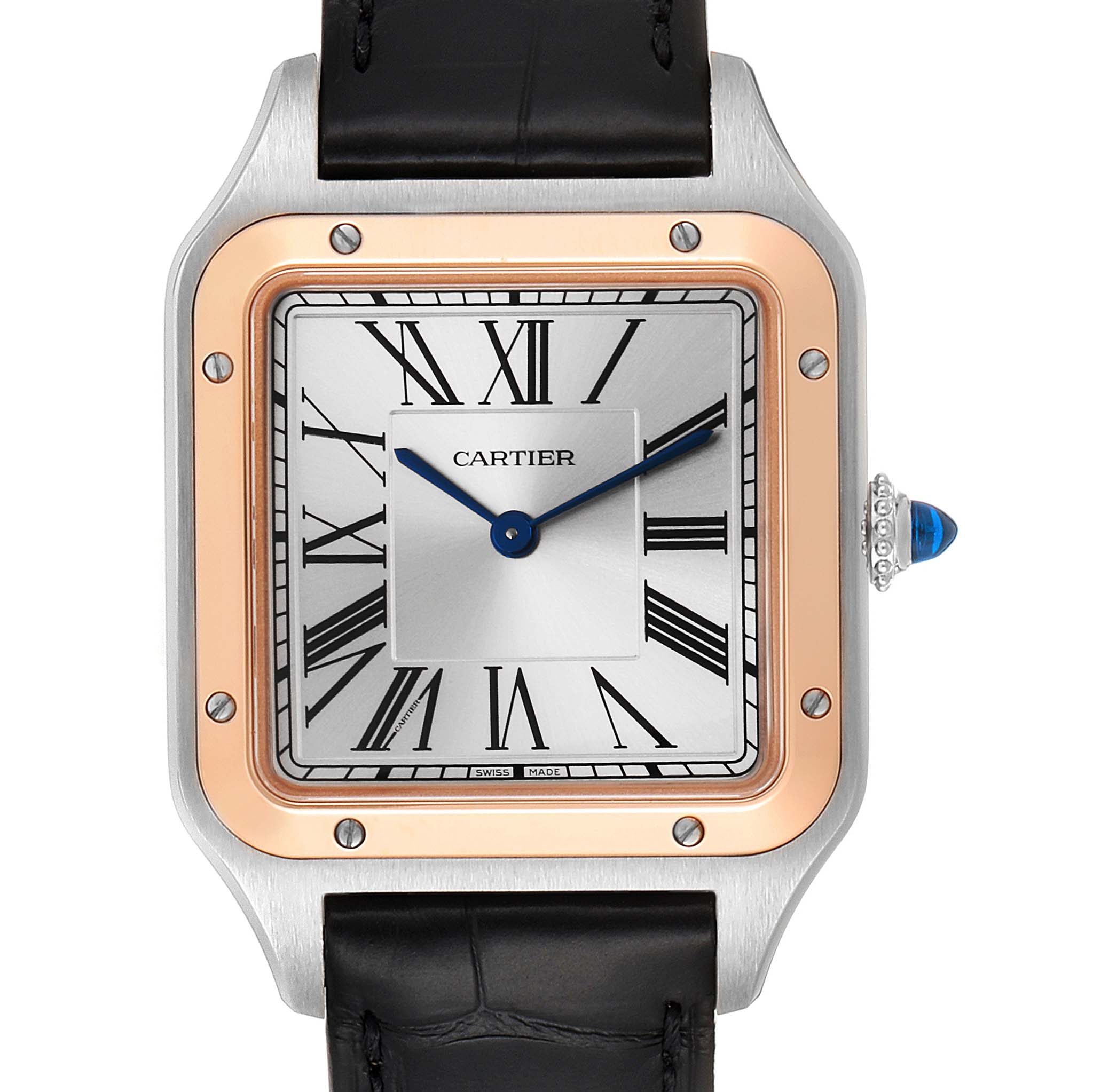 The image shows a front view of the Cartier Santos Dumont W2SA0011 Men's Stainless Steel Silver Dial W2SA0011 Men's Stainless Steel Silver Dial watch, showcasing the face, bezel, and part of the black strap.