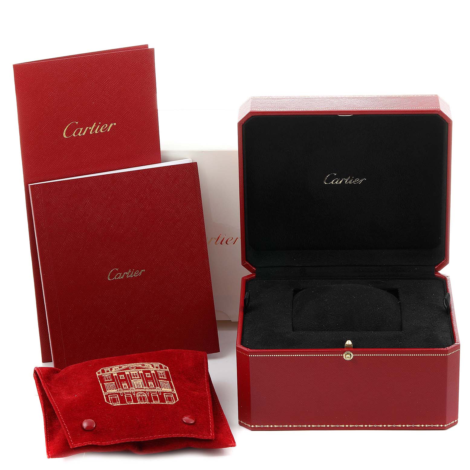 This image shows the accessories including the case, manual, and pouch for a Cartier Santos Dumont W2SA0011 Men's Stainless Steel Silver Dial W2SA0011 Men's Stainless Steel Silver Dial watch.