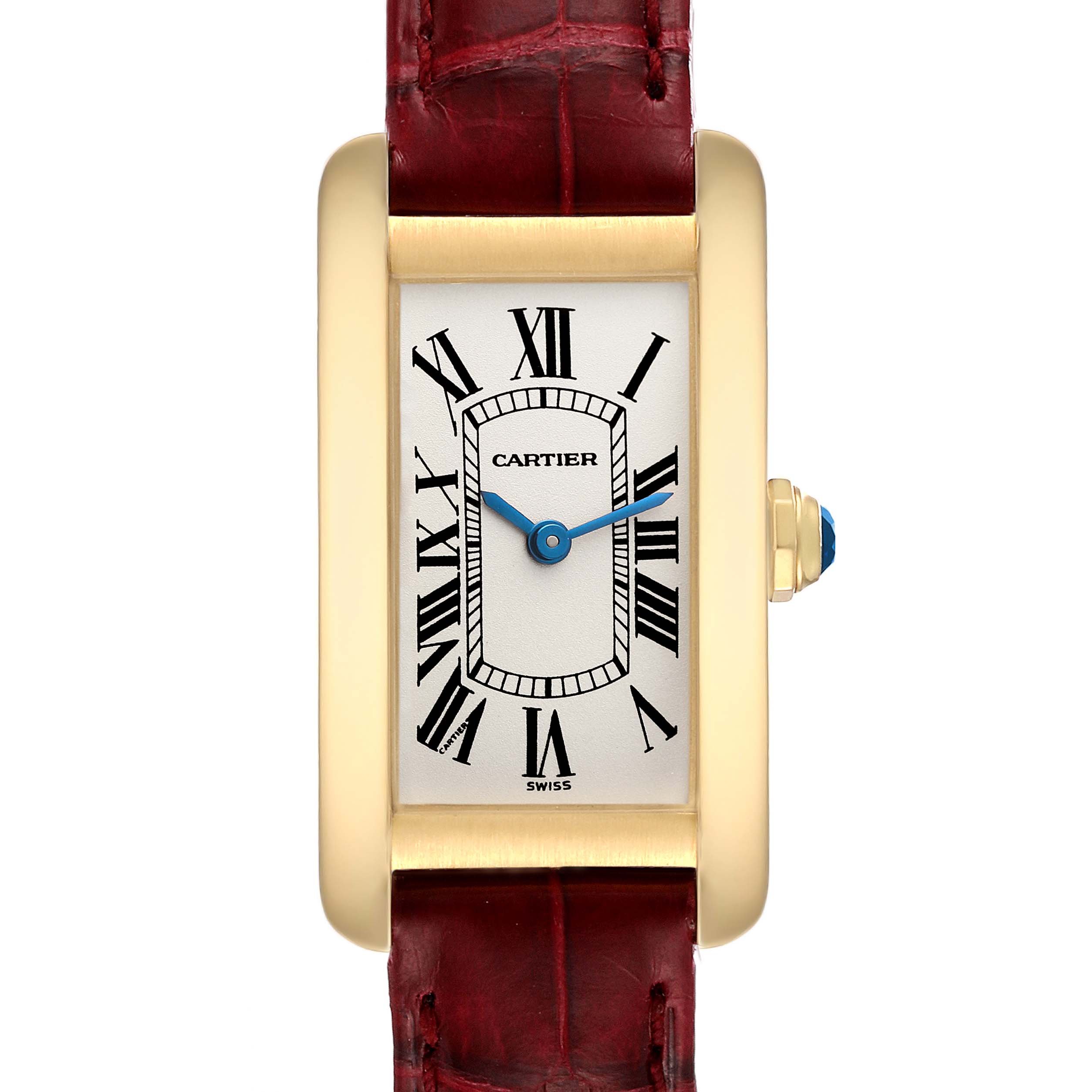 This image shows a front view of the Cartier Tank Américaine watch, featuring its rectangular dial, Roman numerals, and red leather strap.