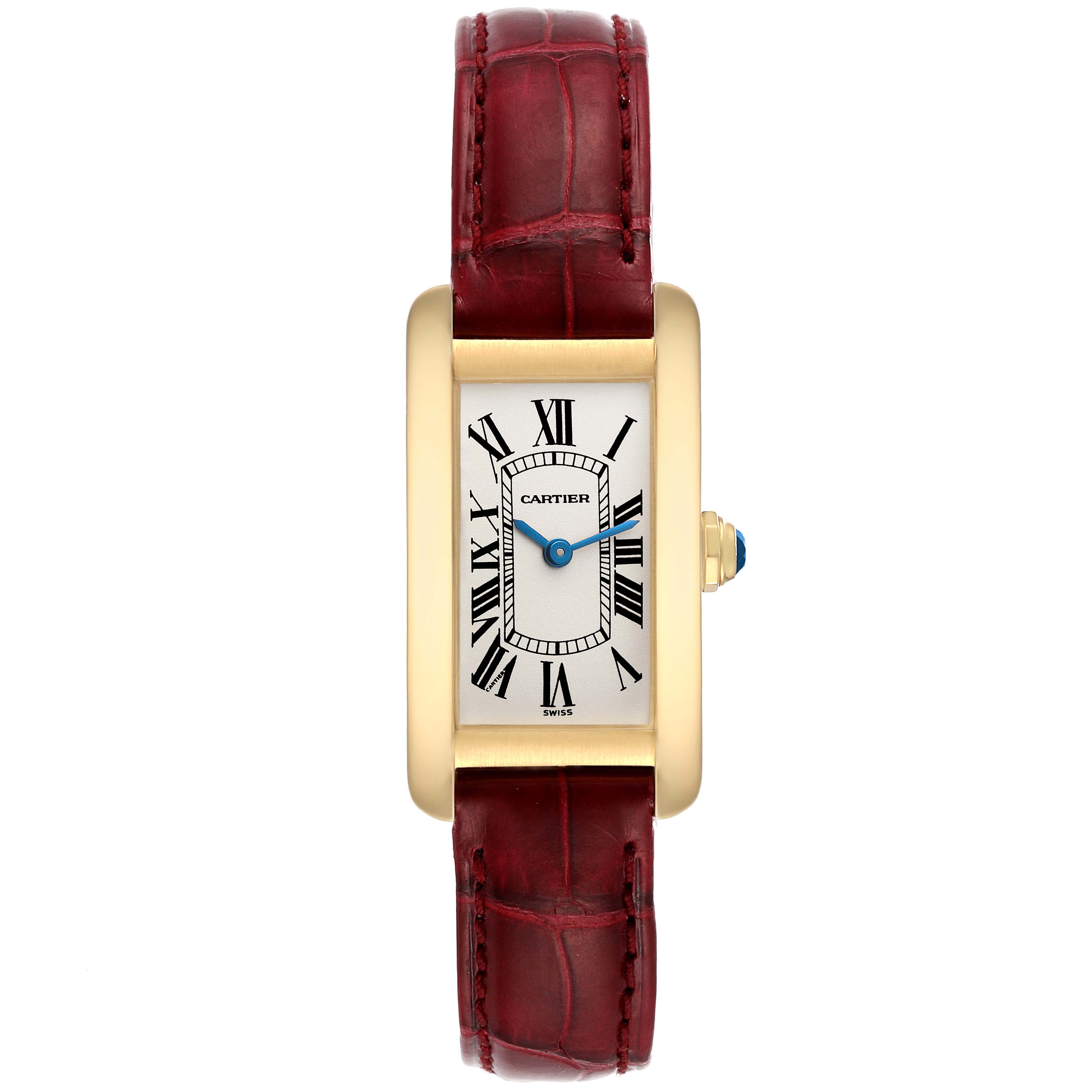 This image shows a front view of the Cartier Tank Americaine W2601556 Women
s Yellow Gold Silver Dial W2601556 Women
s Yellow Gold Silver Dial watch with a gold case, white dial, and red leather strap.