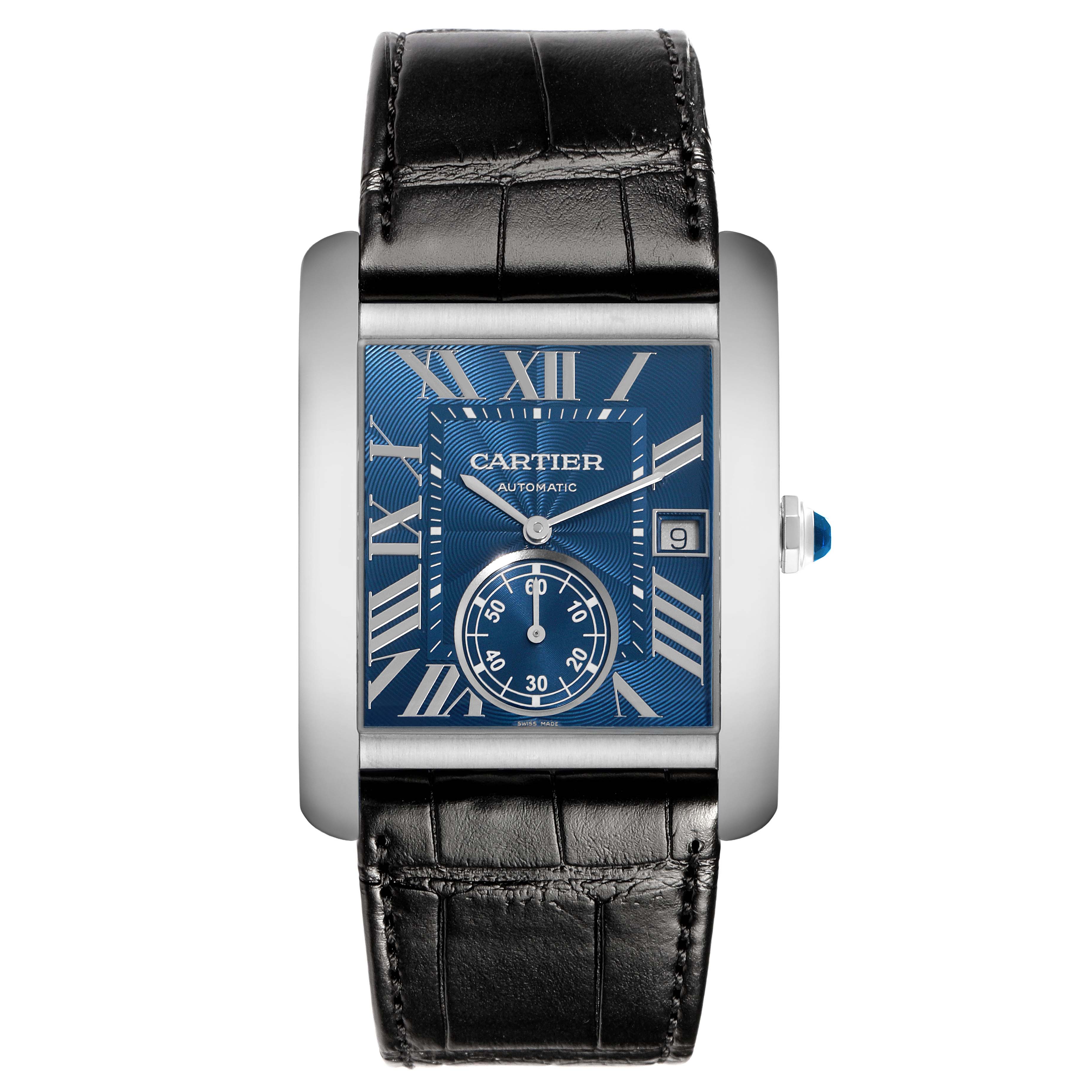 The image shows a top view of the Cartier Tank MC WSTA0010 Men's Stainless Steel Blue Dial watch featuring its blue dial, Roman numerals, and leather strap.