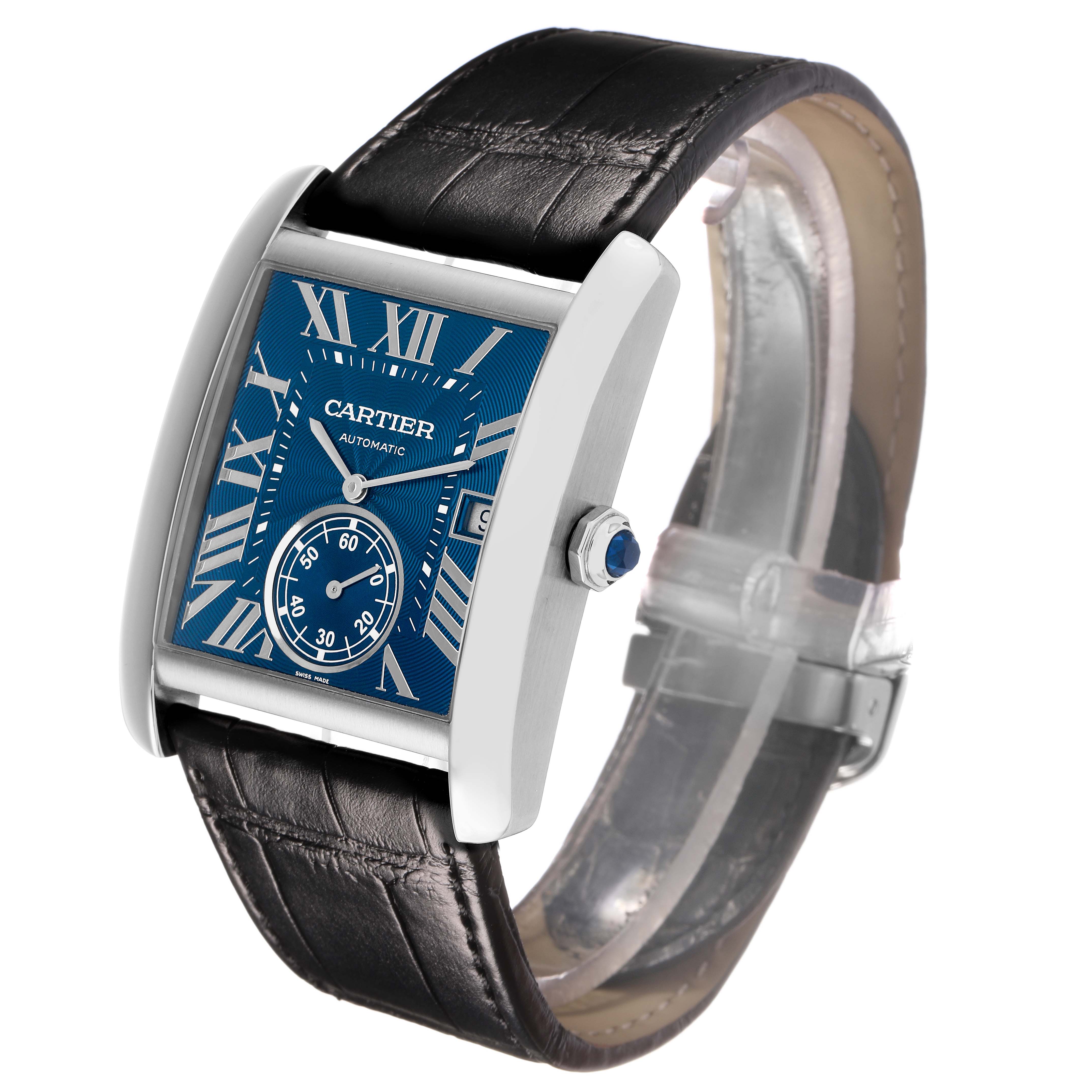 The Cartier Tank MC WSTA0010 Men's Stainless Steel Blue Dial watch is shown at a slight angle, displaying the face, crown, and leather strap.