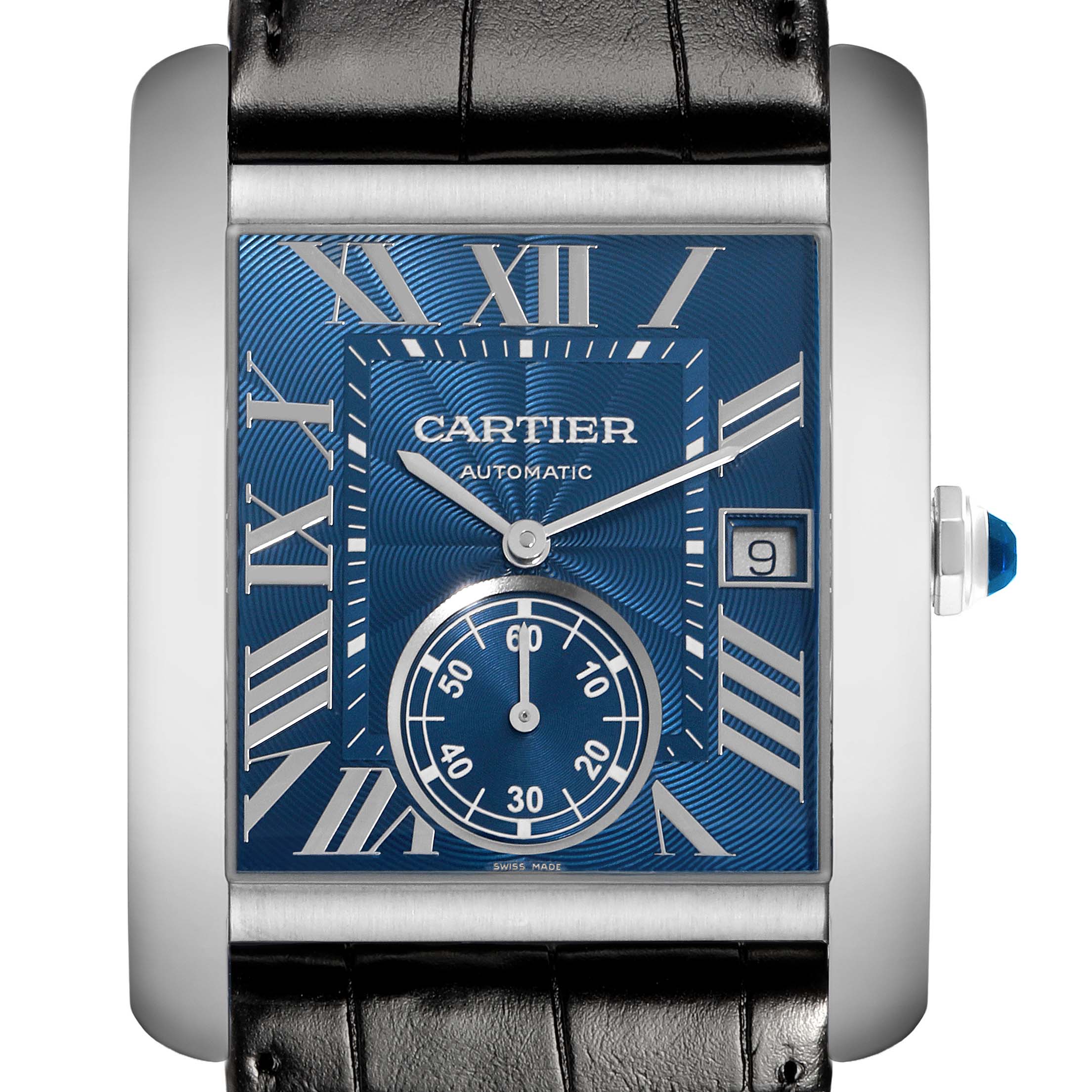 The Cartier Tank MC WSTA0010 Men's Stainless Steel Blue Dial watch is shown from the front, highlighting the blue dial, Roman numerals, and black leather strap.