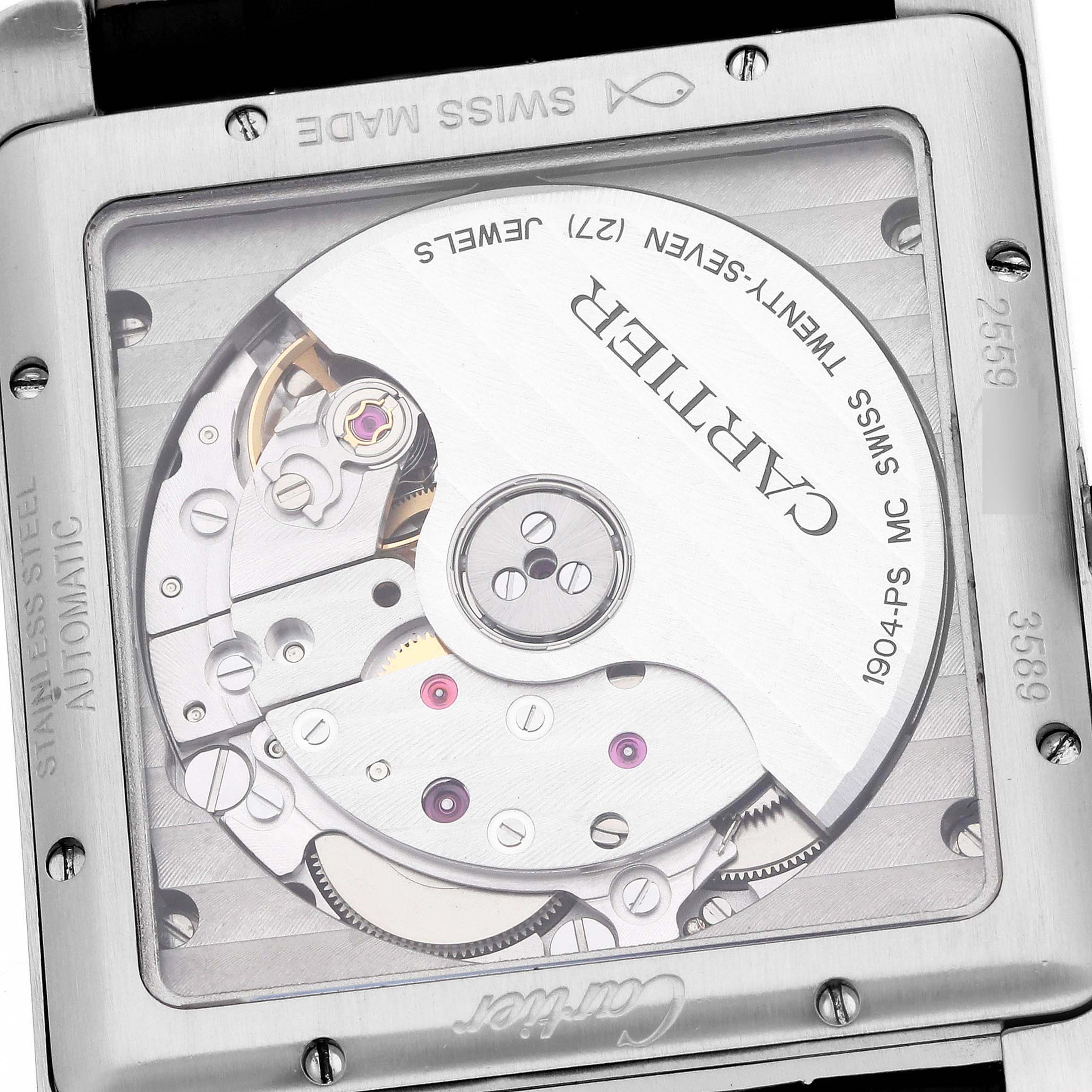 The image shows the back view of the Cartier Tank MC WSTA0010 Men's Stainless Steel Blue Dial watch, highlighting its internal mechanical movement.