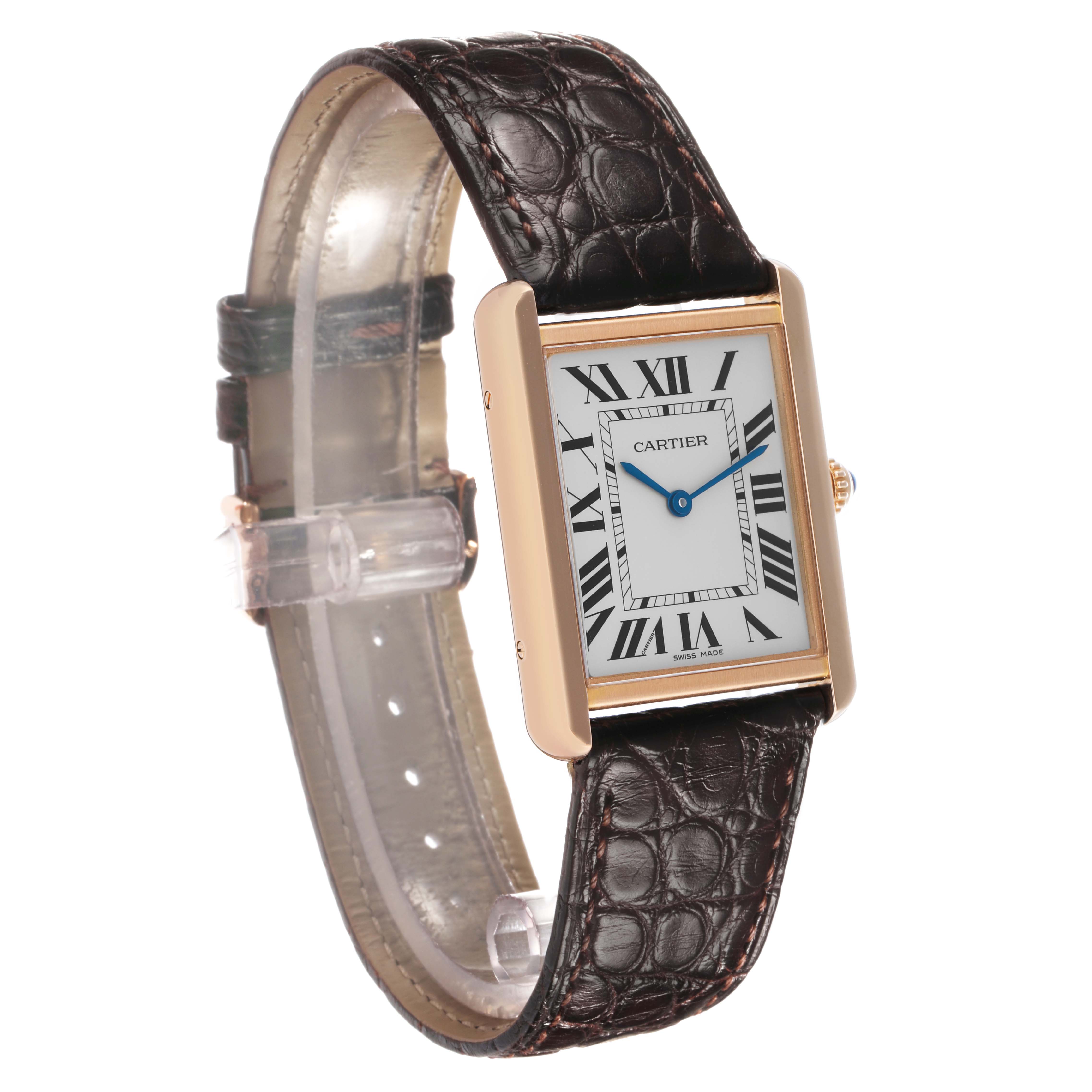 The Cartier Tank Solo W5200025 Men's Steel and Gold (two tone) Silver Dial watch is shown at a three-quarter angle, highlighting its rectangular face and crocodile leather strap.