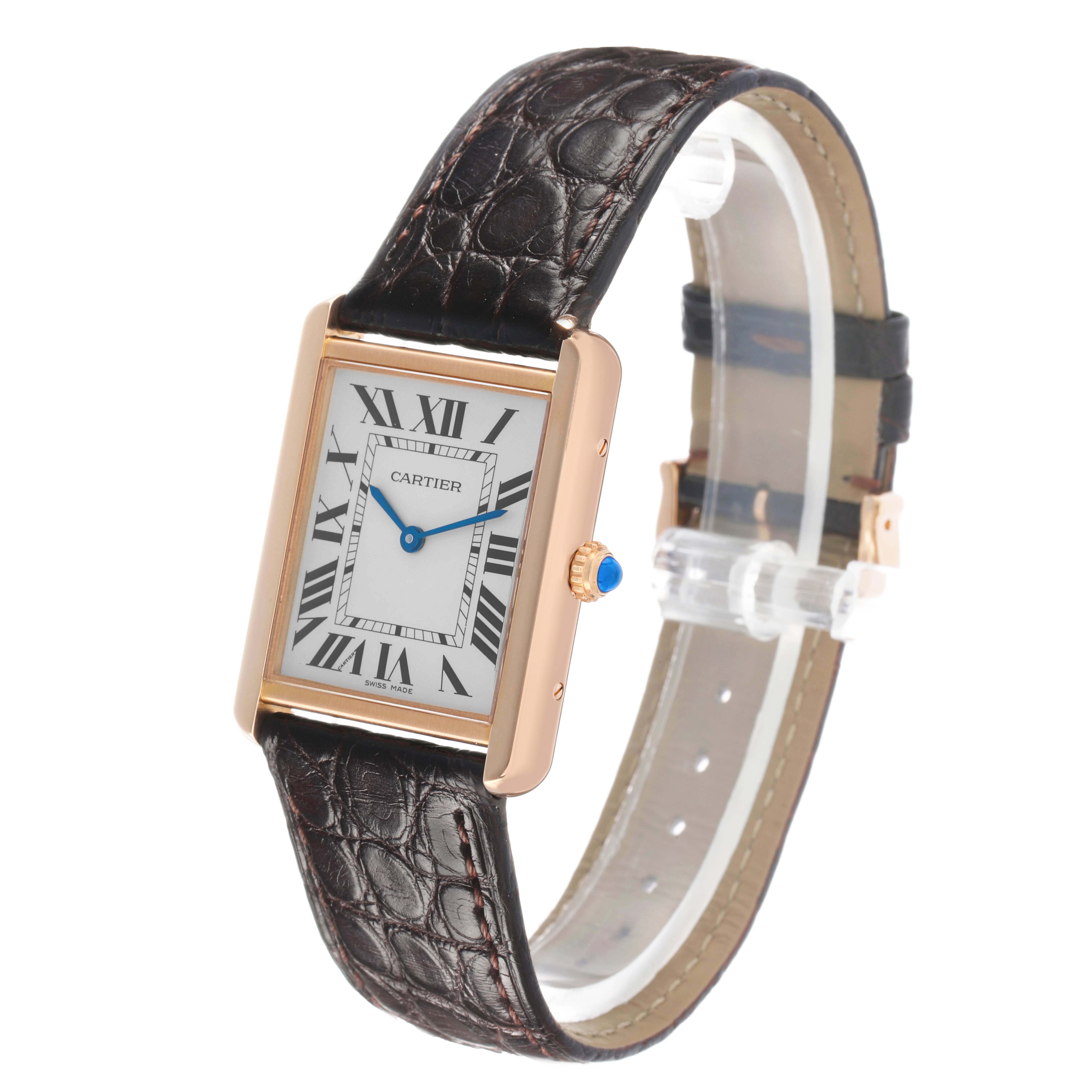 The Cartier Tank Solo W5200025 Men's Steel and Gold (two tone) Silver Dial watch is shown at a three-quarter angle, highlighting the face, case, and leather strap.