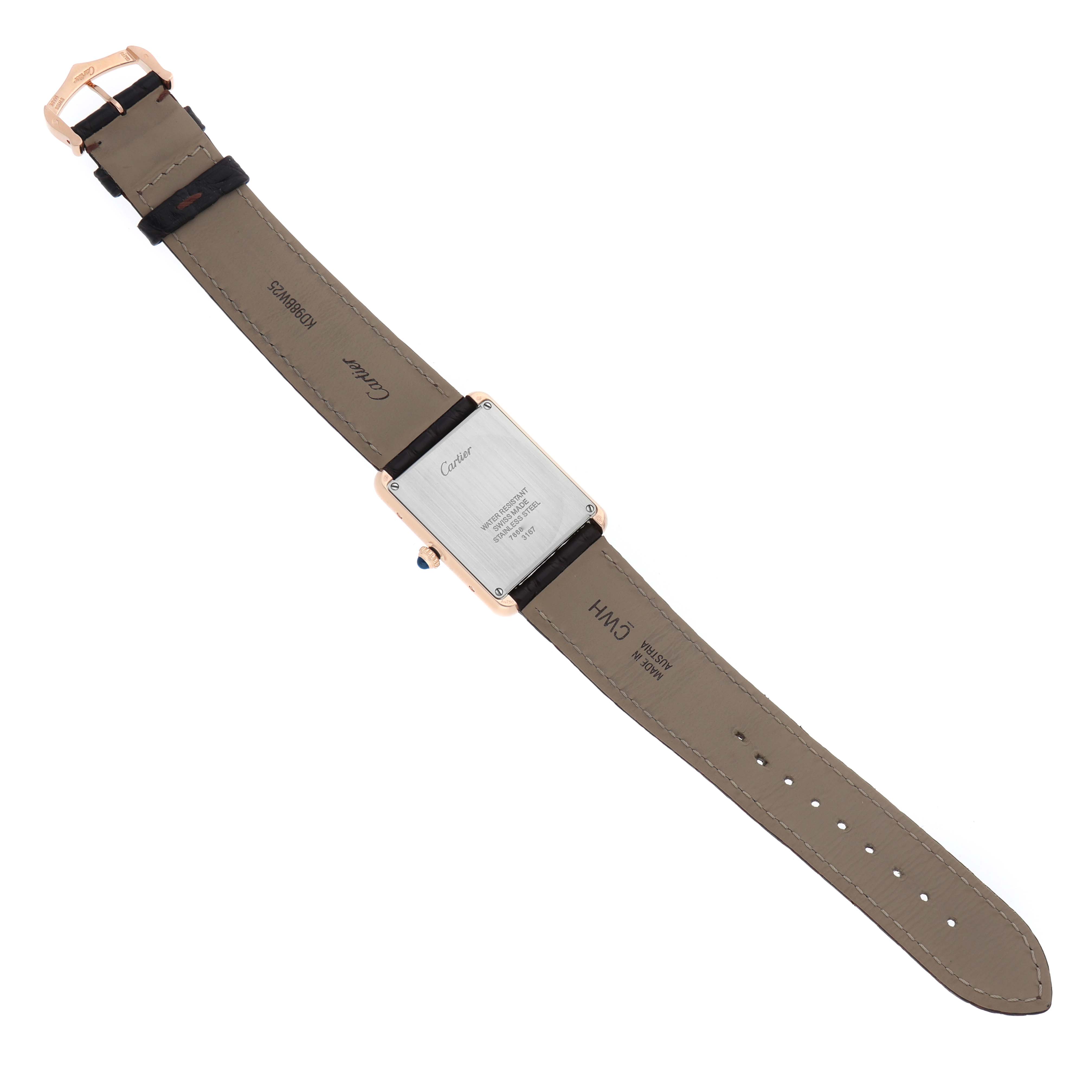 The Cartier Tank Solo W5200025 Men's Steel and Gold (two tone) Silver Dial watch is shown from the back, displaying the case back, strap, and buckle.