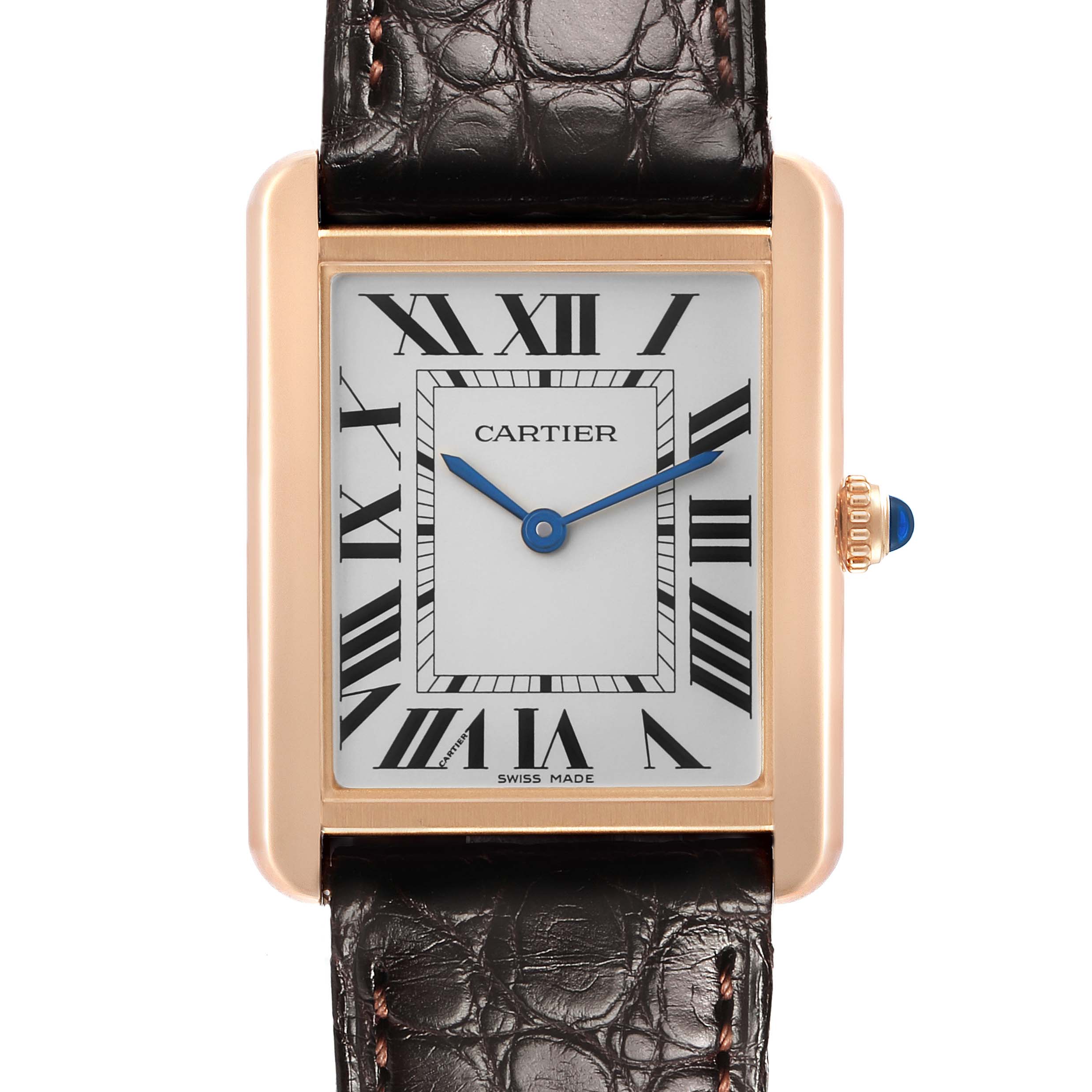 The Cartier Tank Solo W5200025 Men's Steel and Gold (two tone) Silver Dial watch is shown from the front, highlighting its rectangular face, Roman numerals, and leather strap.