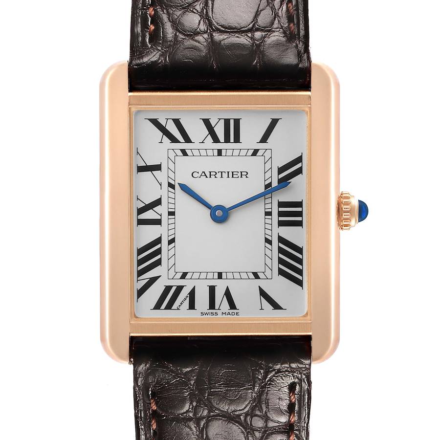 The Cartier Tank Solo W5200025 Men's Steel and Gold (two tone) Silver Dial watch is shown from the front, highlighting its rectangular face, Roman numerals, and leather strap.