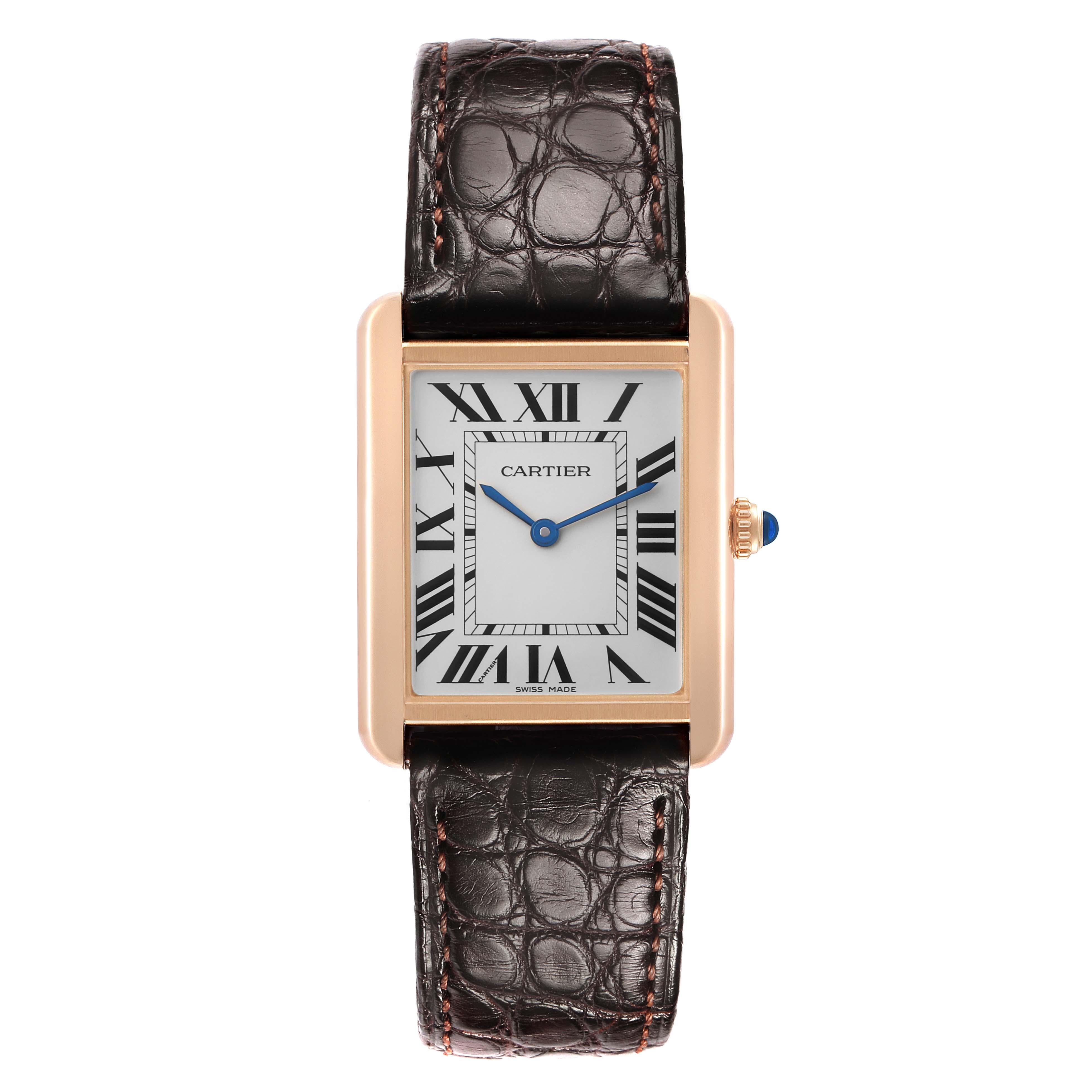 The Cartier Tank Solo W5200025 Men's Steel and Gold (two tone) Silver Dial watch is shown from a front angle, displaying the face, Roman numerals, hands, and leather strap.