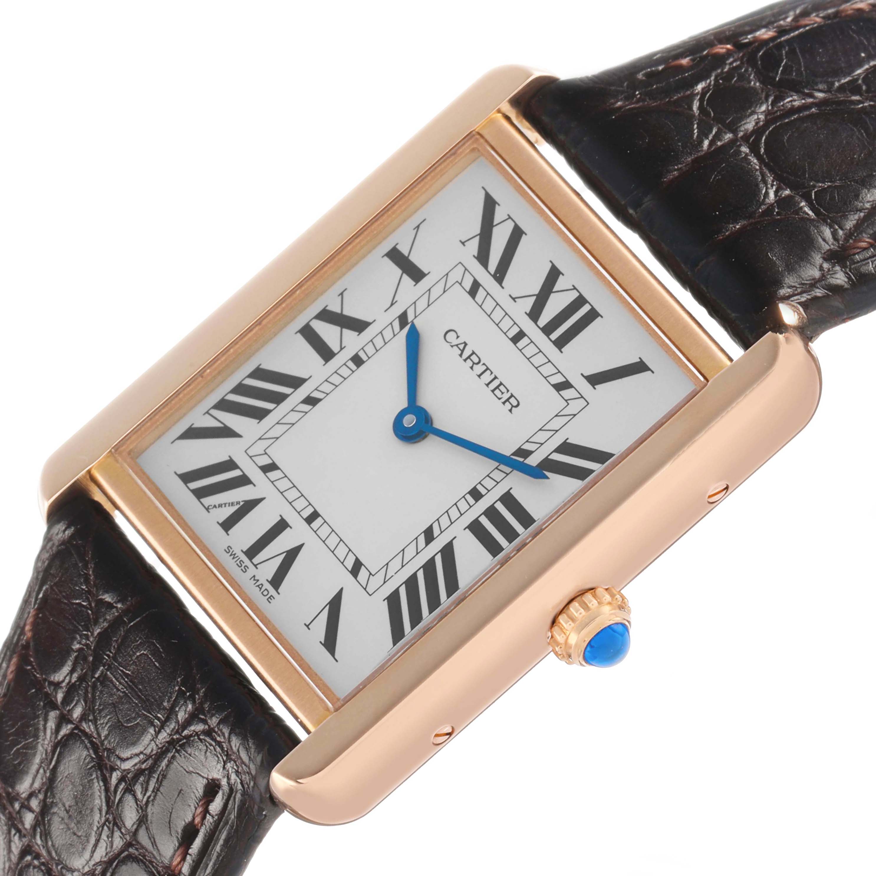 The Cartier Tank Solo W5200025 Men's Steel and Gold (two tone) Silver Dial watch is shown at a slight angle, highlighting its rectangular face, Roman numerals, and blue hands.