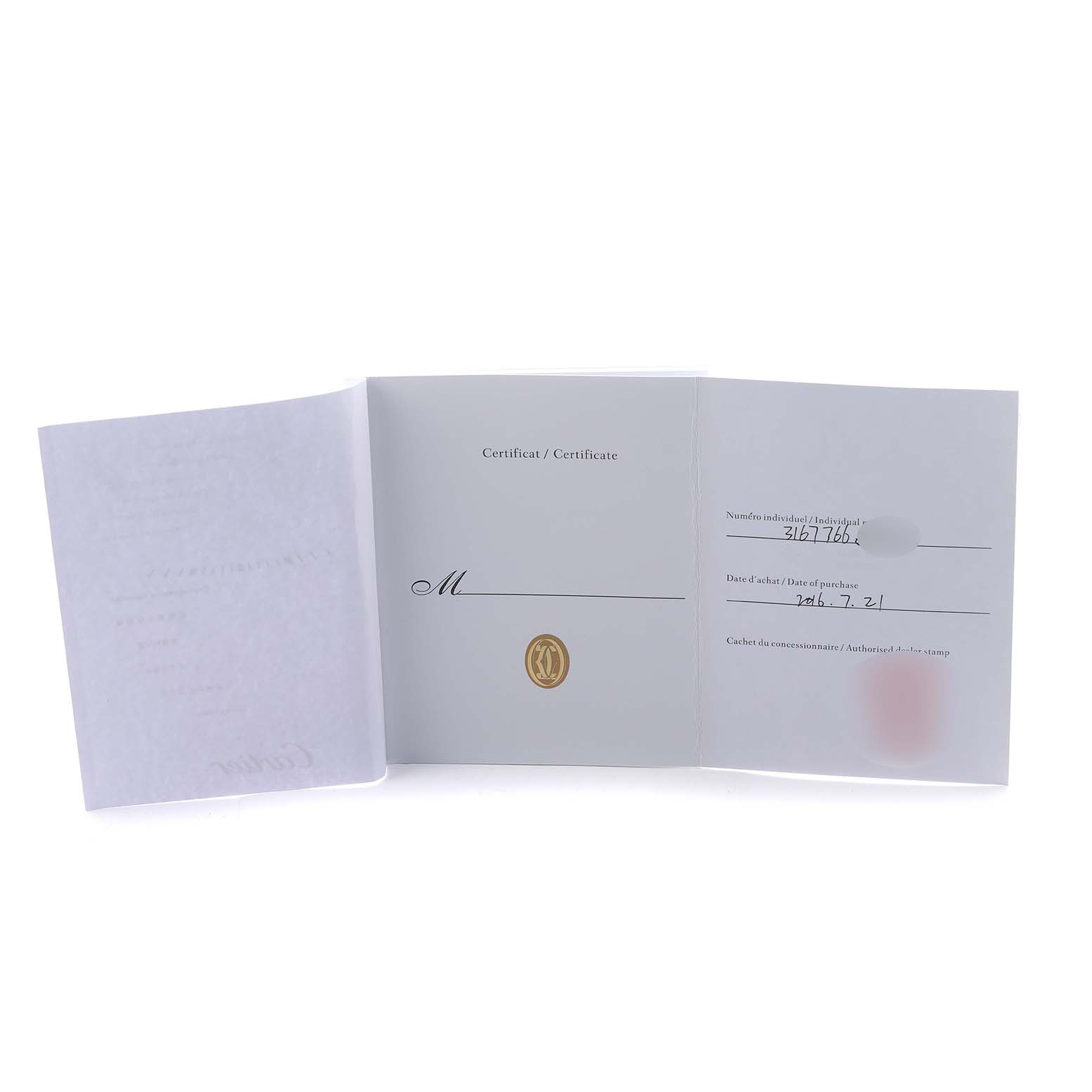 This image shows the open certificate document for a Cartier Tank Solo W5200025 Men's Steel and Gold (two tone) Silver Dial watch, displaying its authentication details.