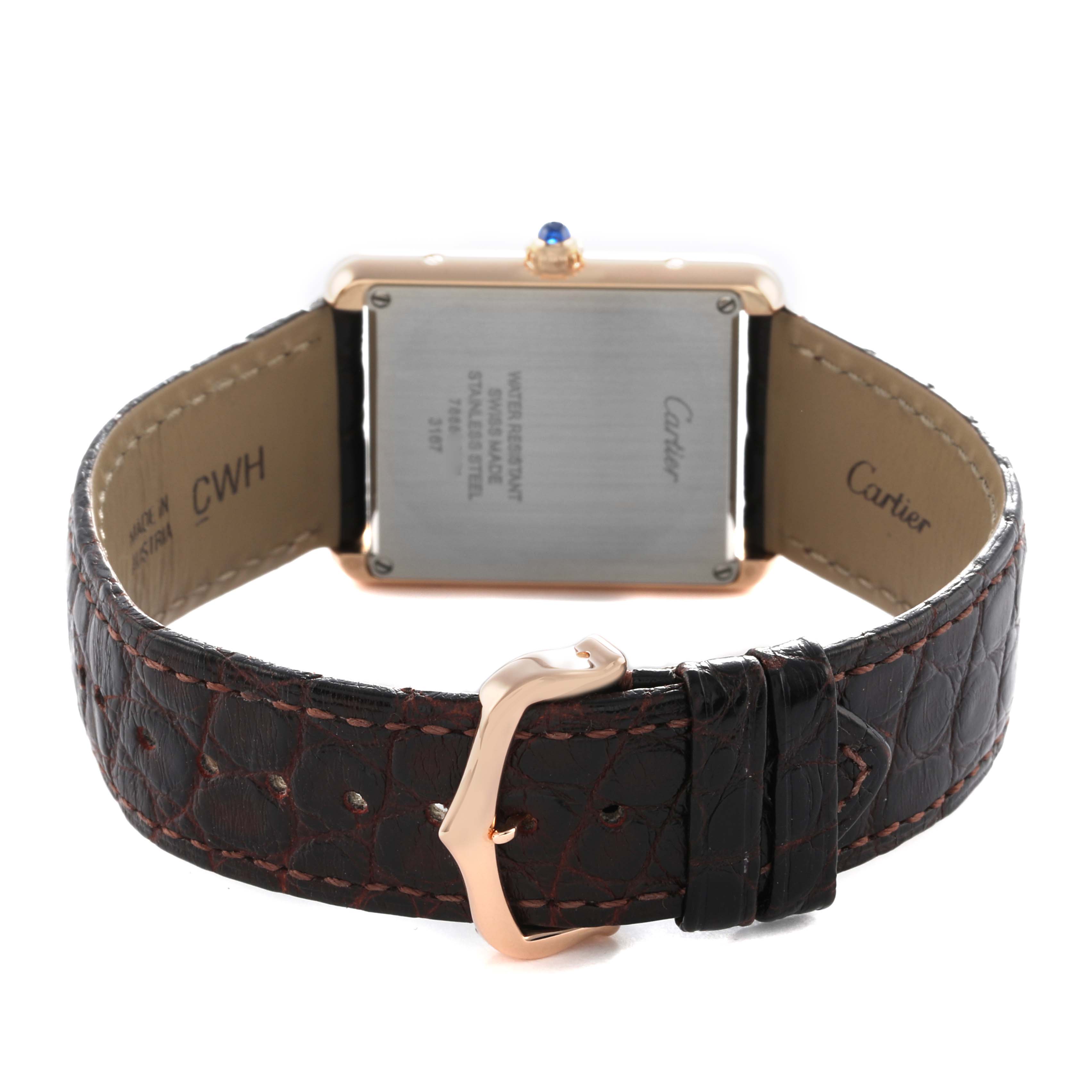 The image shows the back view of a Cartier Tank Solo W5200025 Men's Steel and Gold (two tone) Silver Dial watch, highlighting the case back and leather strap.