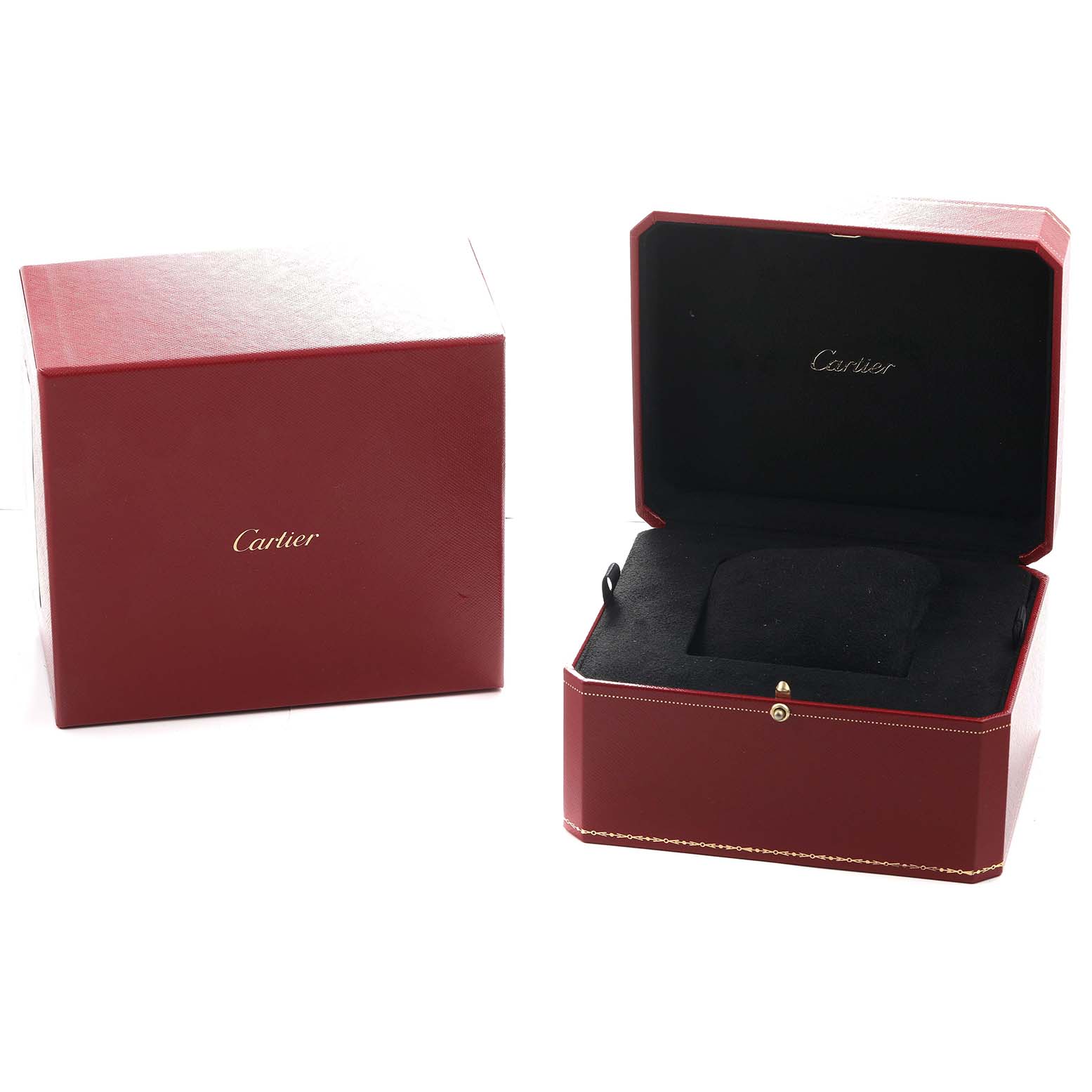 The image shows a Cartier Tankissime WE70058H Women's Rose Gold Silver Dial watch box, closed on the left and open on the right, revealing its interior.