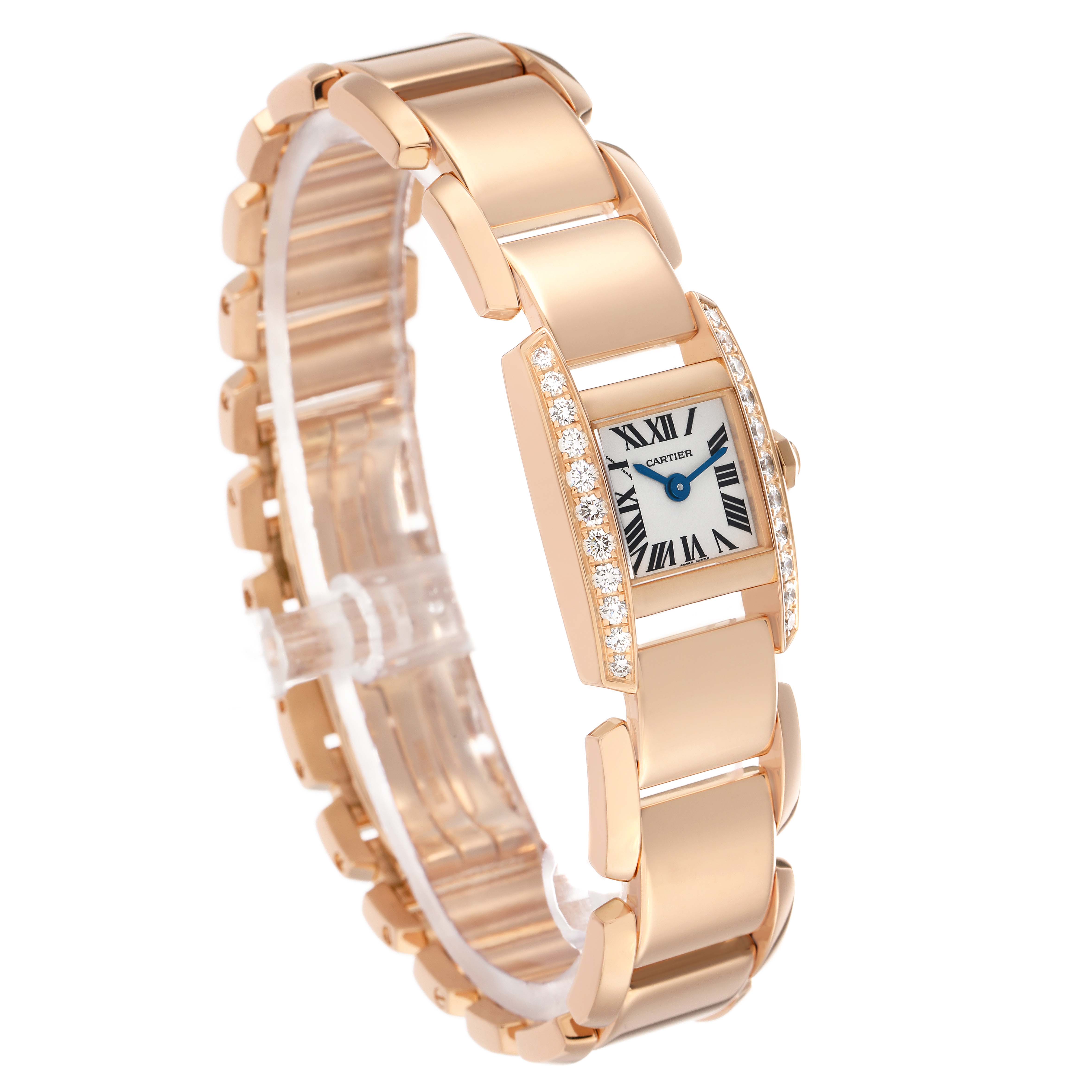 The Cartier Tankissime WE70058H Women's Rose Gold Silver Dial watch is shown at an angle emphasizing its face, diamond bezel, and bracelet links.
