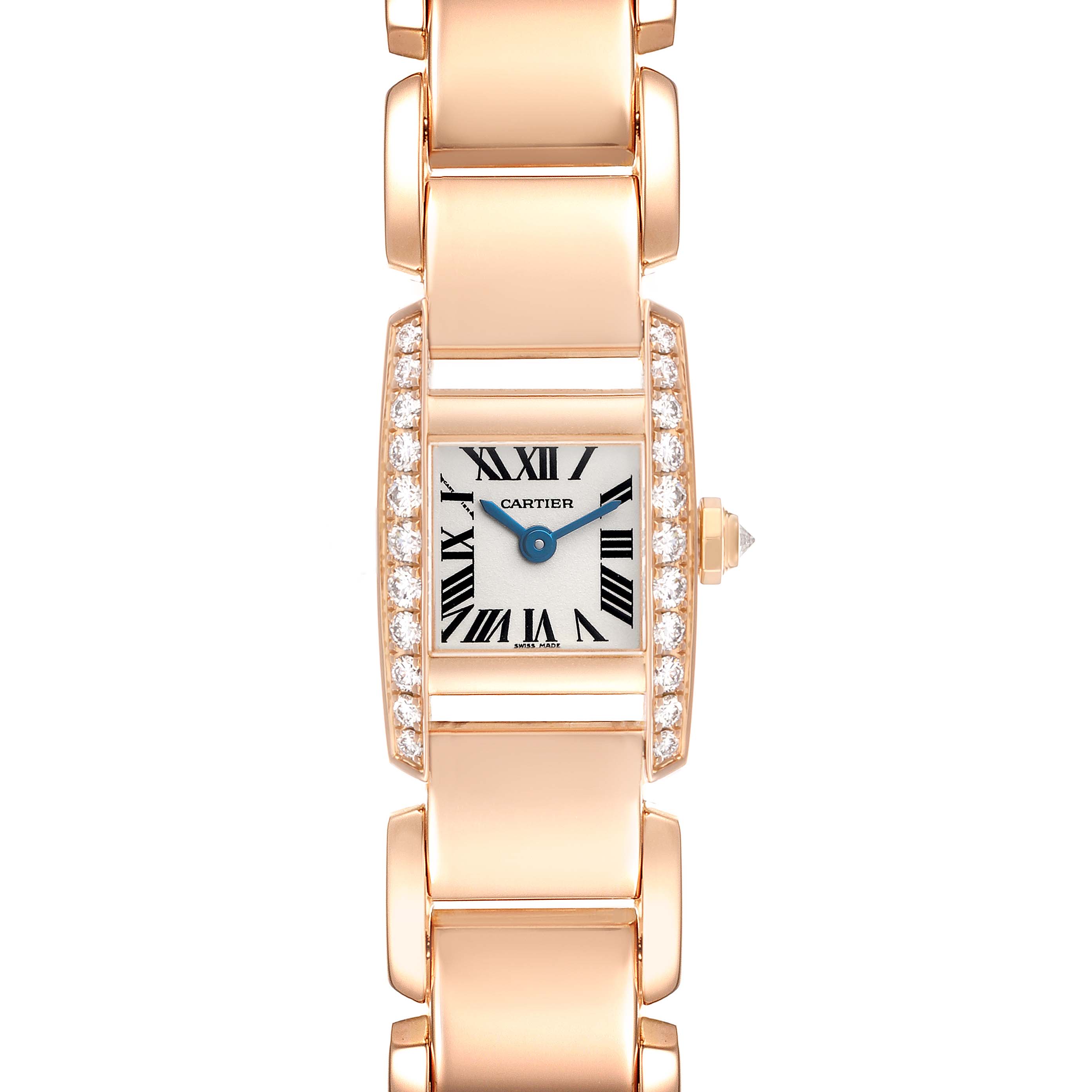 The Cartier Tankissime WE70058H Women's Rose Gold Silver Dial watch is shown from a top-down view, highlighting its rectangular face, gold bracelet, and diamond accents.