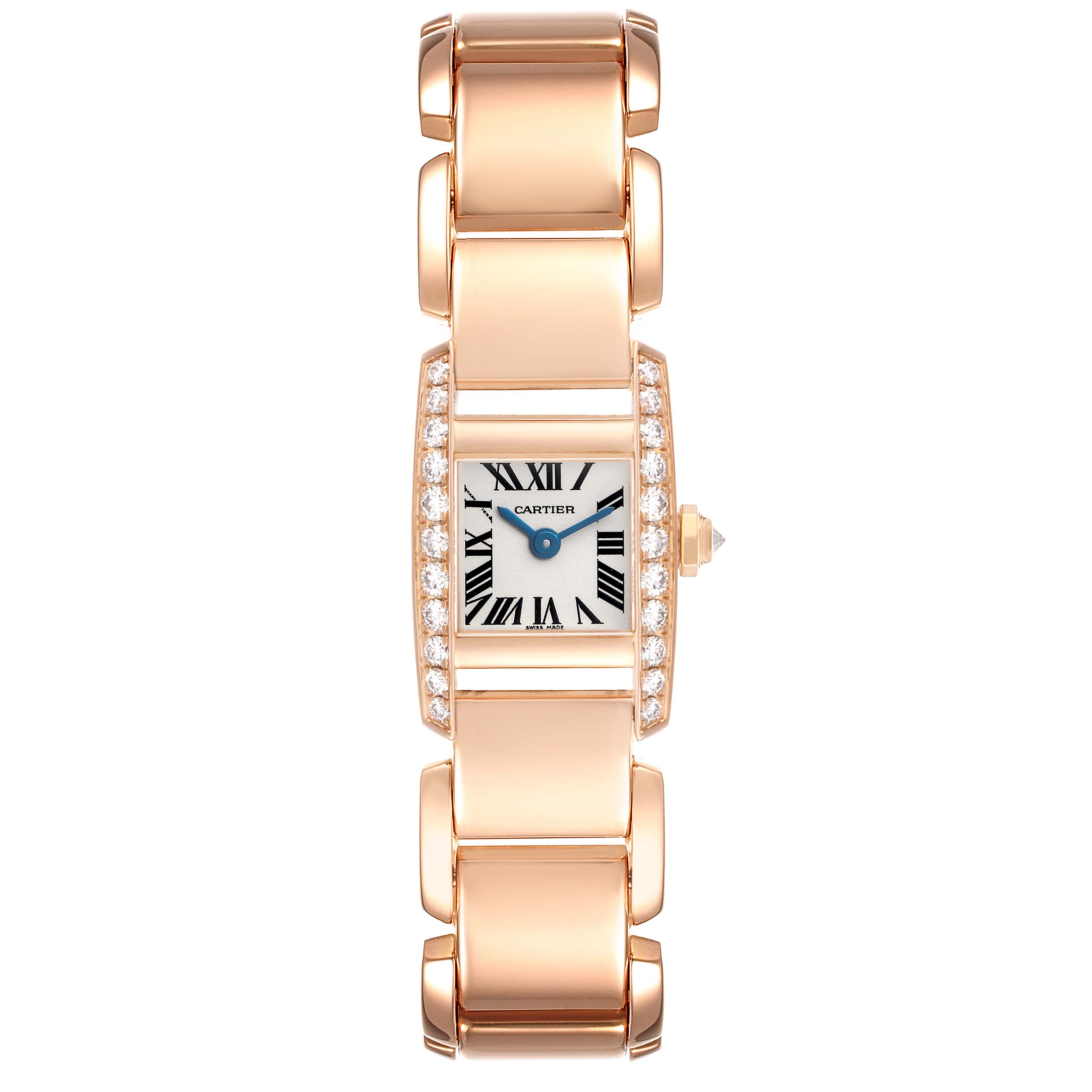 The Cartier Tankissime WE70058H Women's Rose Gold Silver Dial watch is shown from a top view, displaying the face, diamond accents, and bracelet.