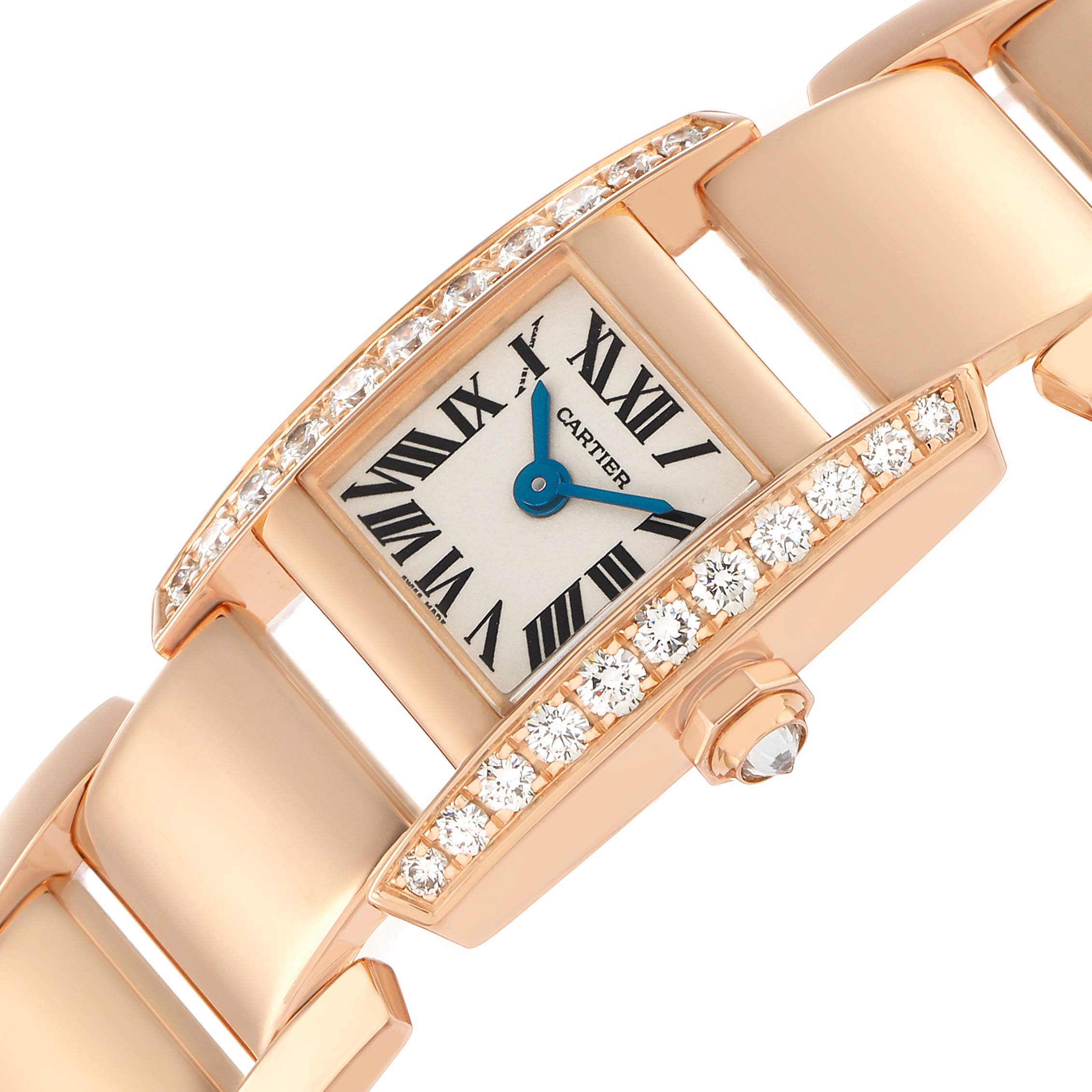 The Cartier Tankissime WE70058H Women's Rose Gold Silver Dial watch is shown at an angle highlighting the face, diamond-decorated bezel, and part of the bracelet.