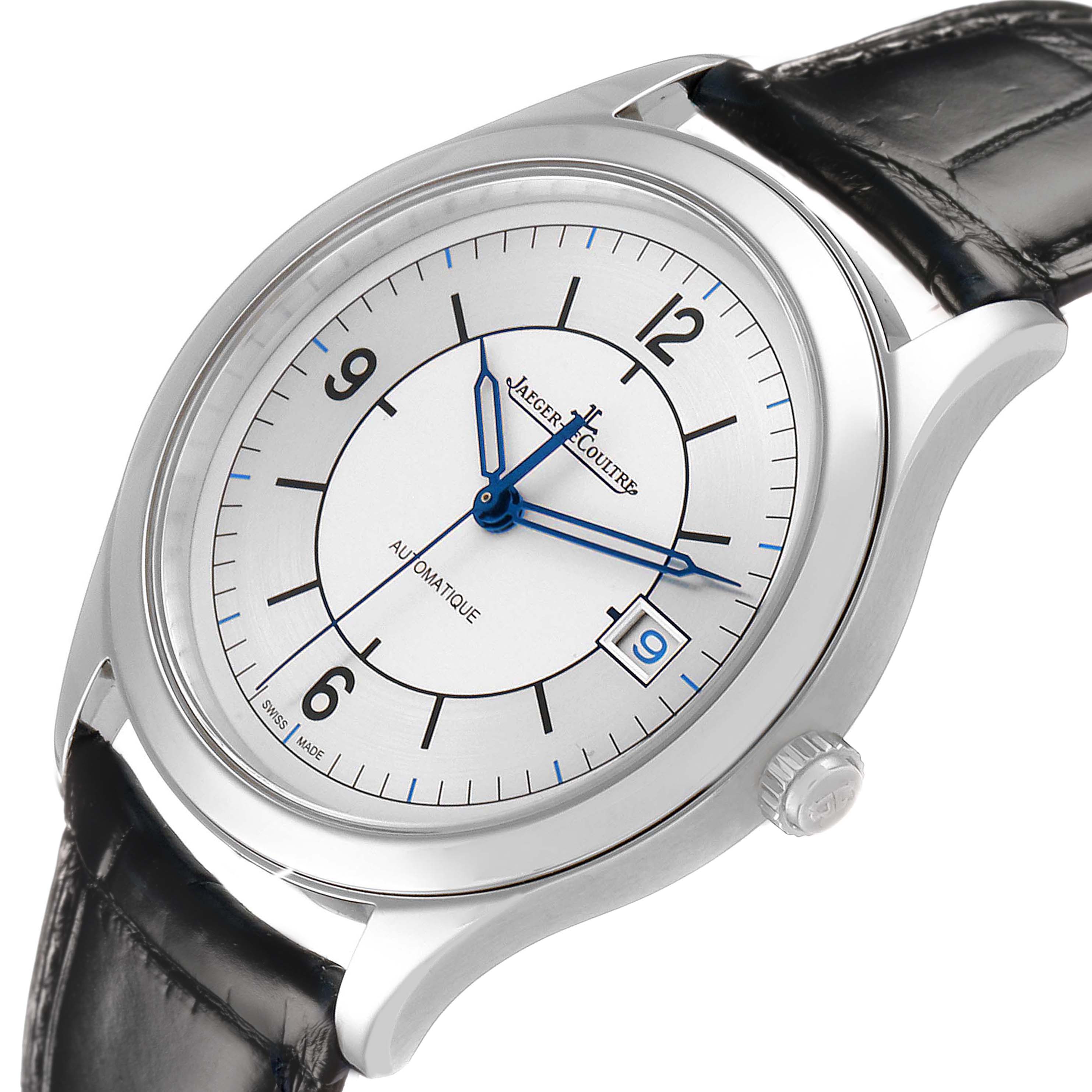 The Jaeger LeCoultre Master Q1548530 Men's Stainless Steel Silver Dial watch is shown at a slight angle, highlighting the face, blue hands, and black leather strap.