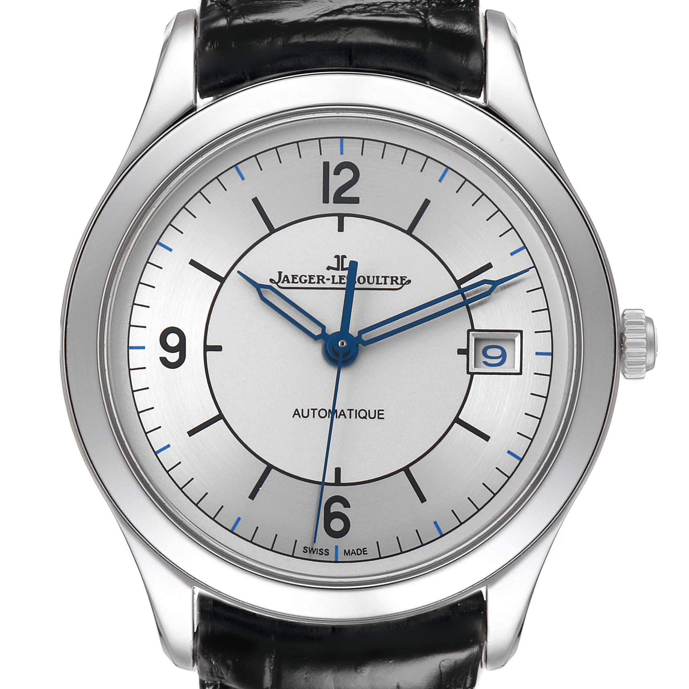 The Jaeger LeCoultre Master Q1548530 Men's Stainless Steel Silver Dial watch is shown from the front, highlighting the dial, hands, date window, and part of the strap.