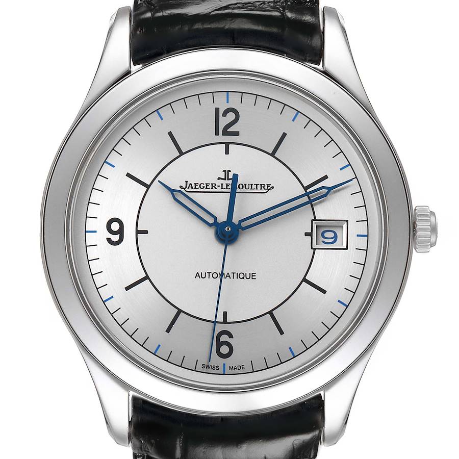 The Jaeger LeCoultre Master Q1548530 Men's Stainless Steel Silver Dial watch is shown from the front, highlighting the dial, hands, date window, and part of the strap.