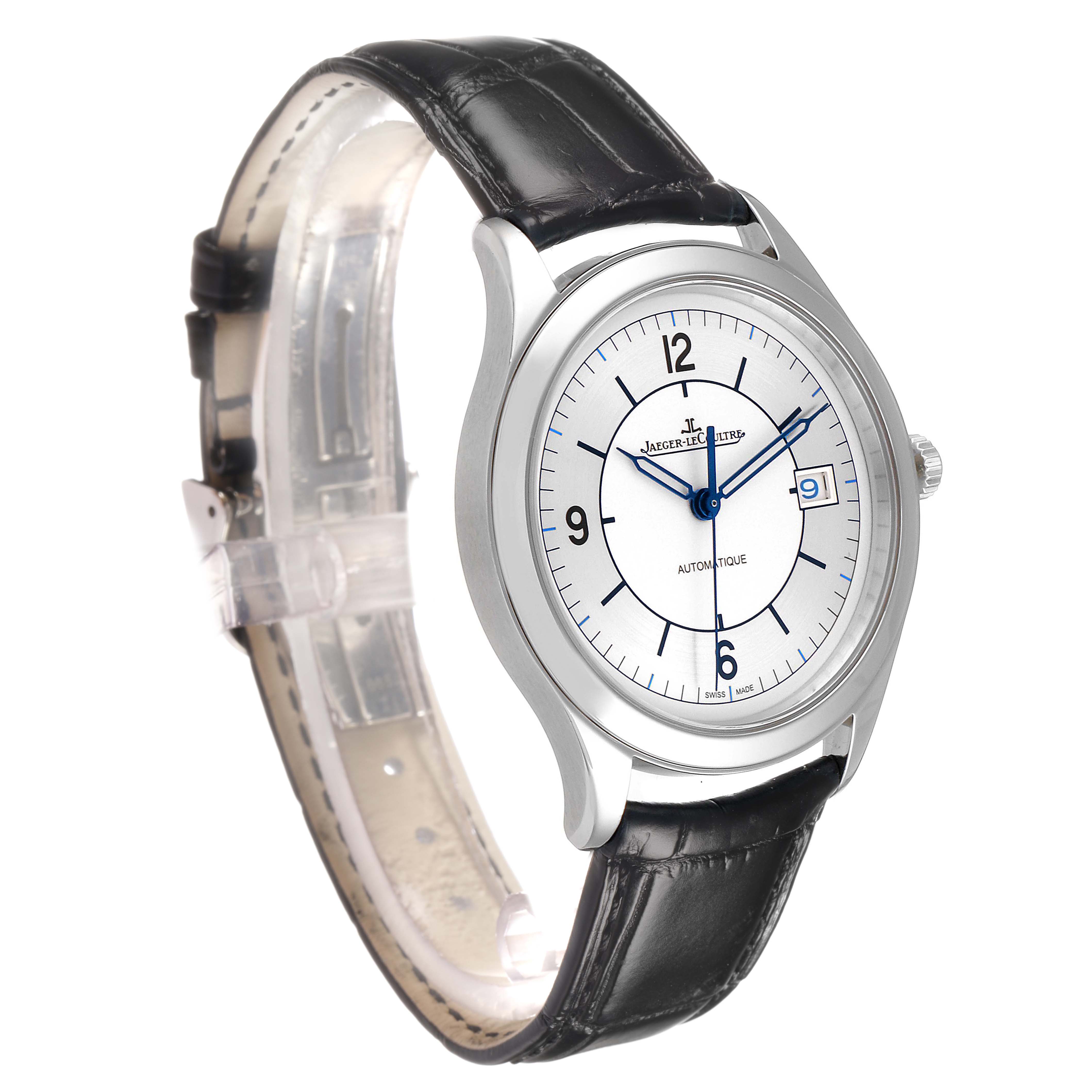 The Jaeger-LeCoultre Master watch is shown at a three-quarter angle, highlighting the watch face and strap.