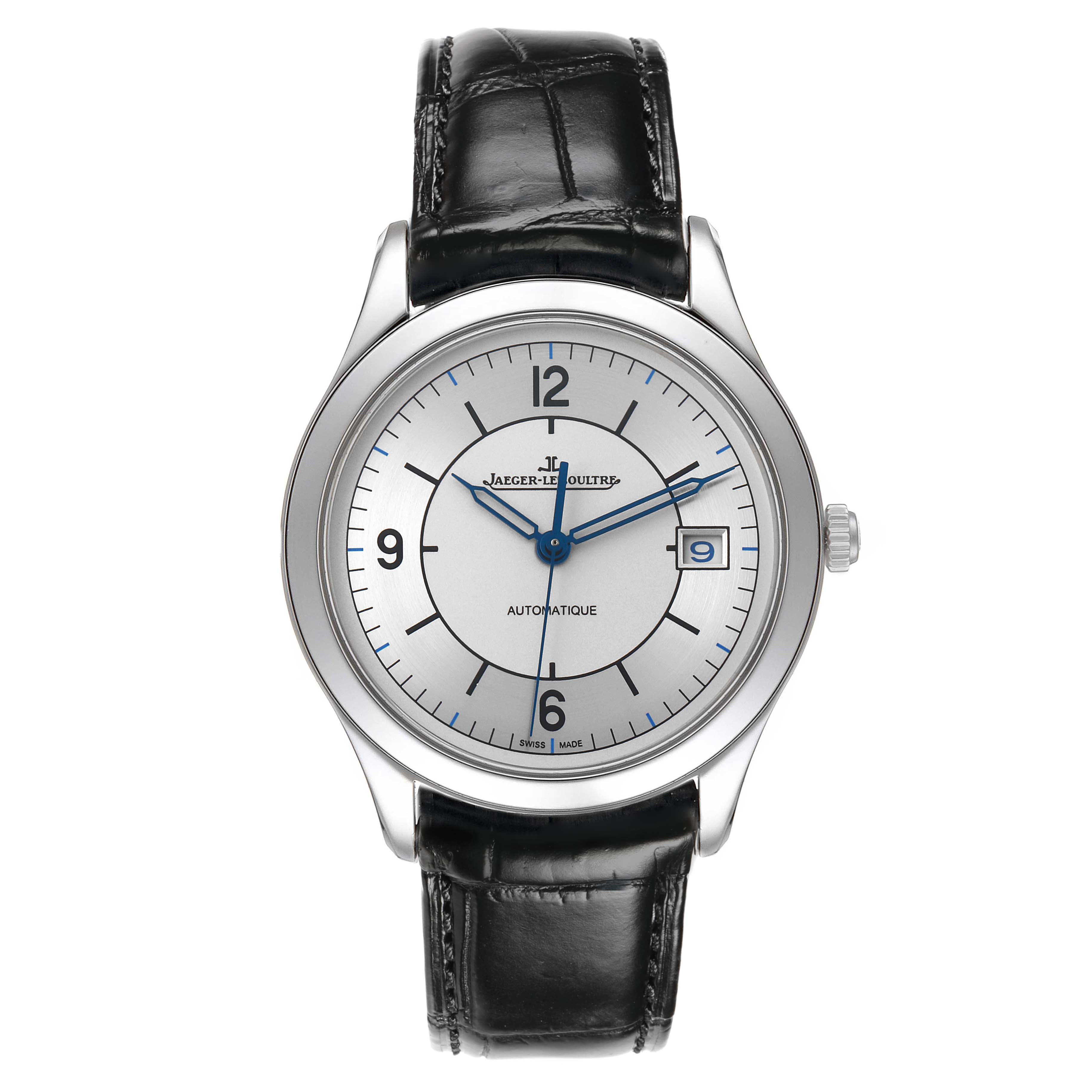 The Jaeger LeCoultre Master Q1548530 Men's Stainless Steel Silver Dial watch is shown from a top-down angle, featuring its face, hands, and leather strap.