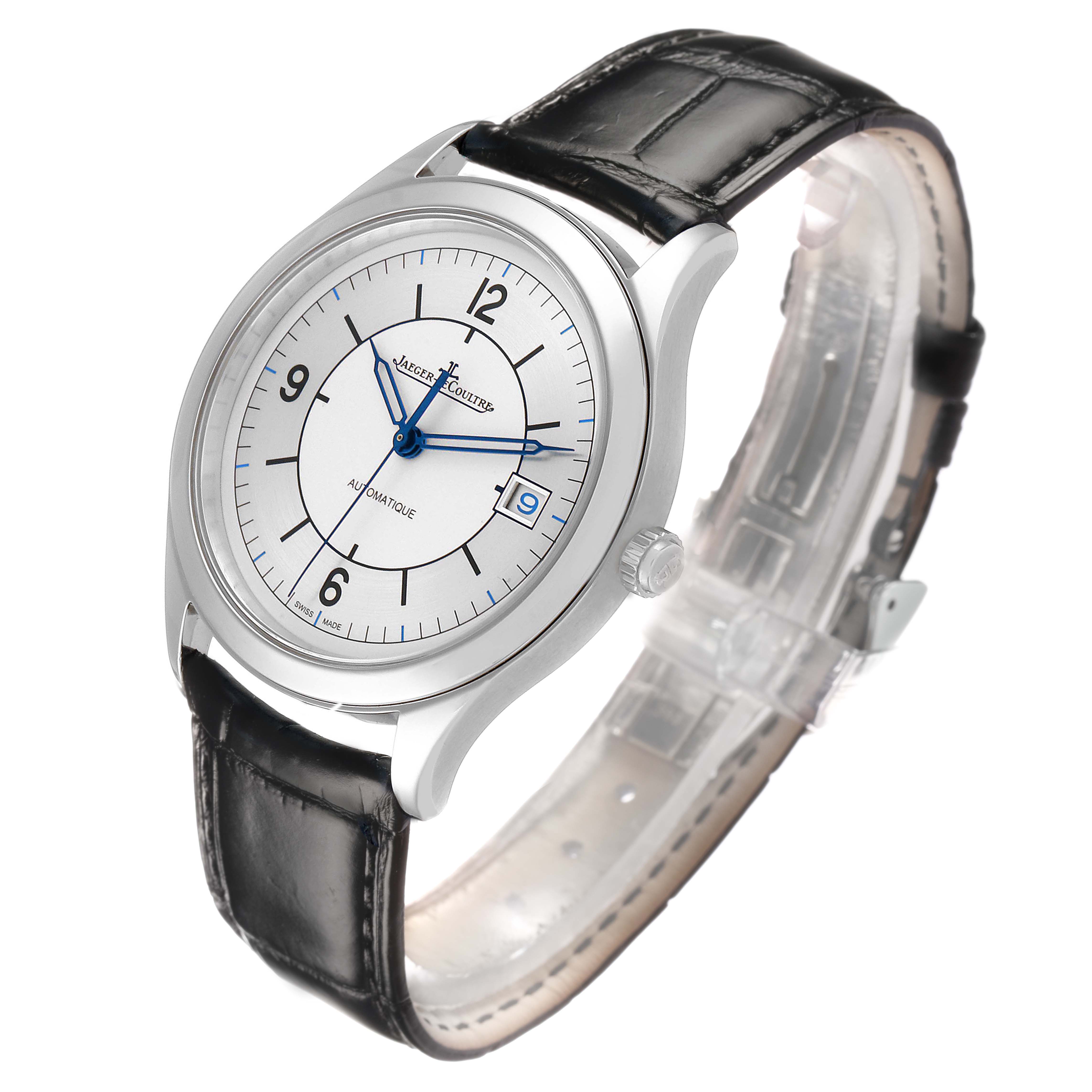 The Jaeger LeCoultre Master Q1548530 Men's Stainless Steel Silver Dial watch is shown at a slight angle, displaying the face, bezel, crown, and leather strap.