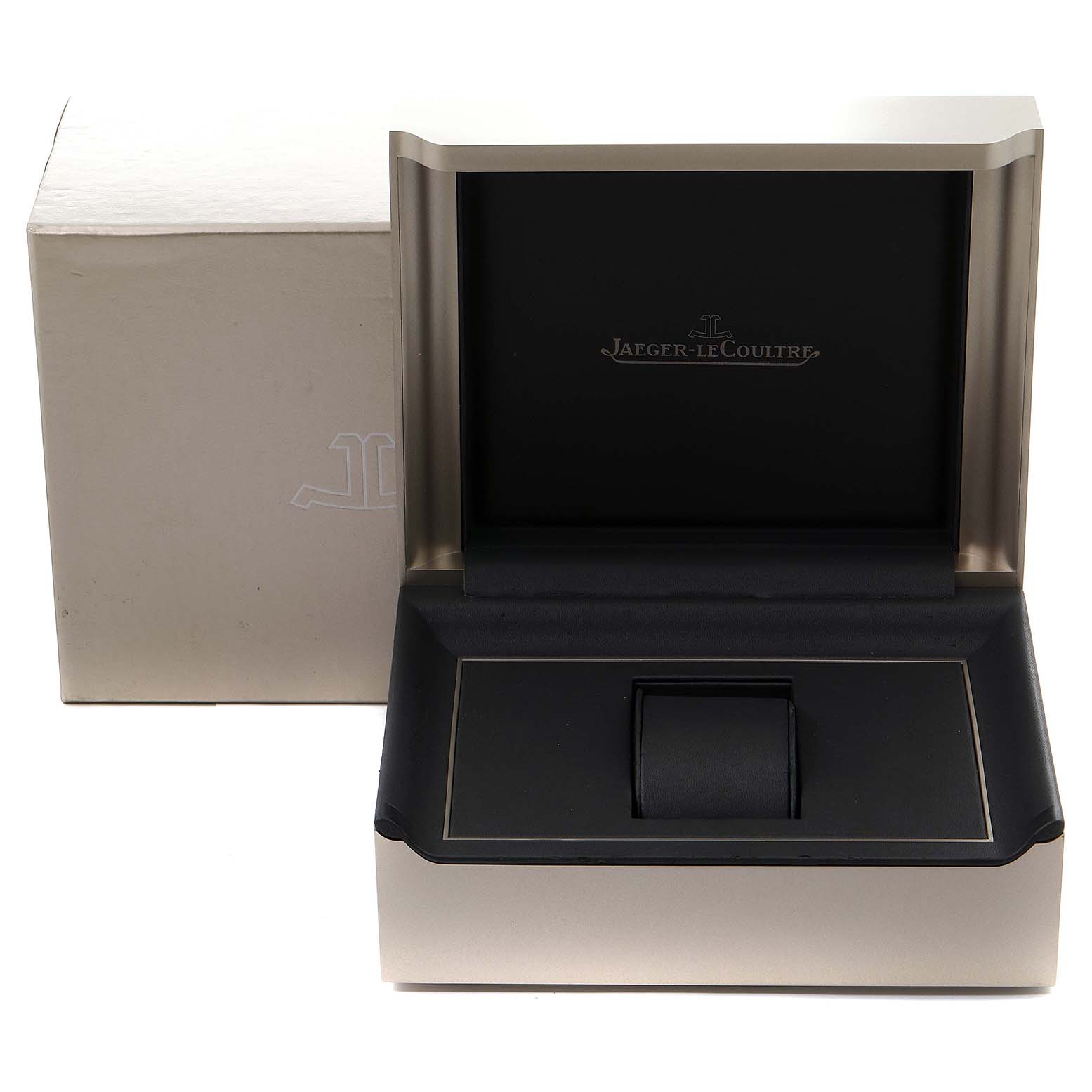 The image shows an empty Jaeger LeCoultre Master Q1428171 Men's Stainless Steel Black Dial Q1428171 Men's Stainless Steel Black Dial watch box and its outer packaging from a frontal angle.