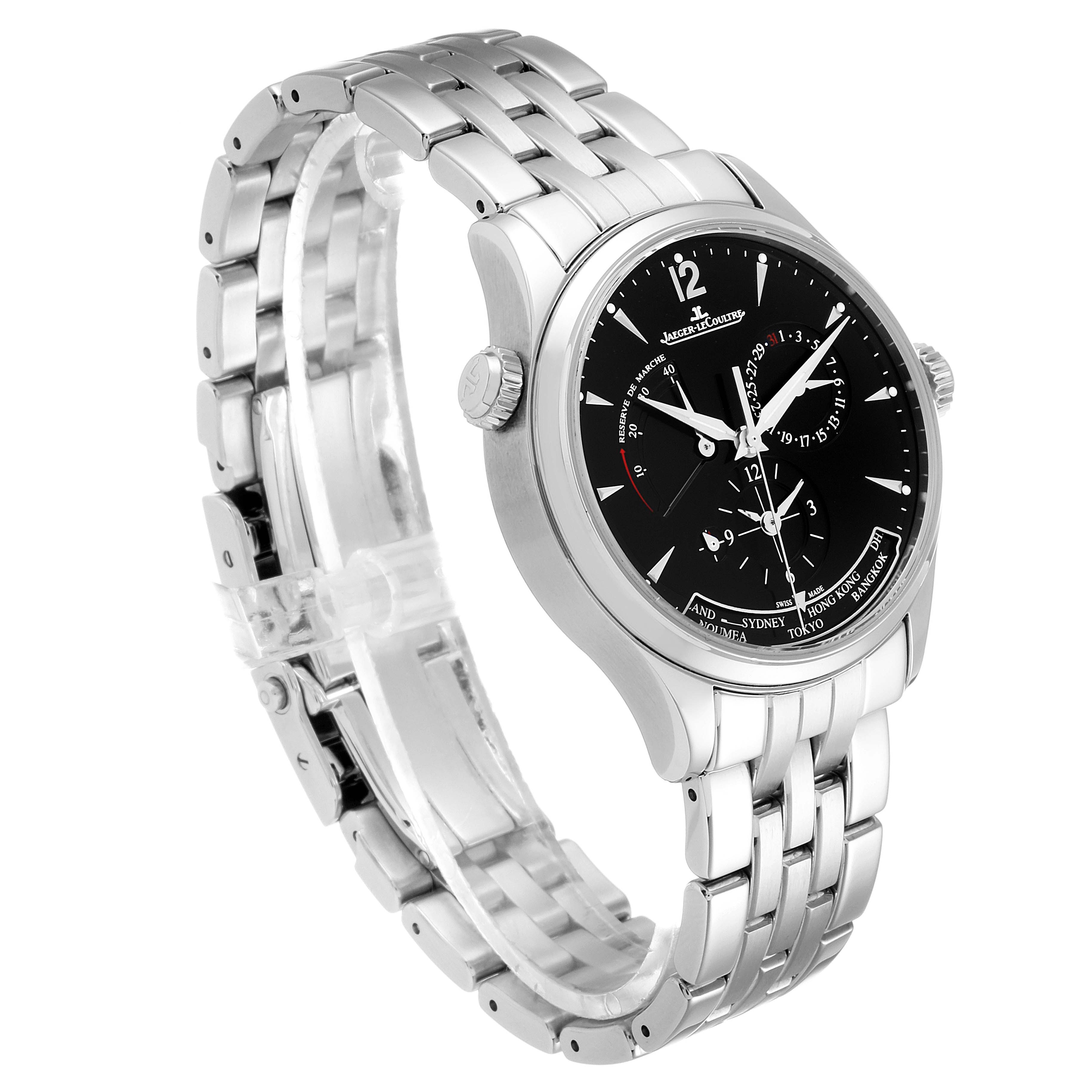 The image shows a Jaeger LeCoultre Master Q1428171 Men's Stainless Steel Black Dial Q1428171 Men's Stainless Steel Black Dial model watch from a three-quarter angle, displaying the bracelet, case, and dial.