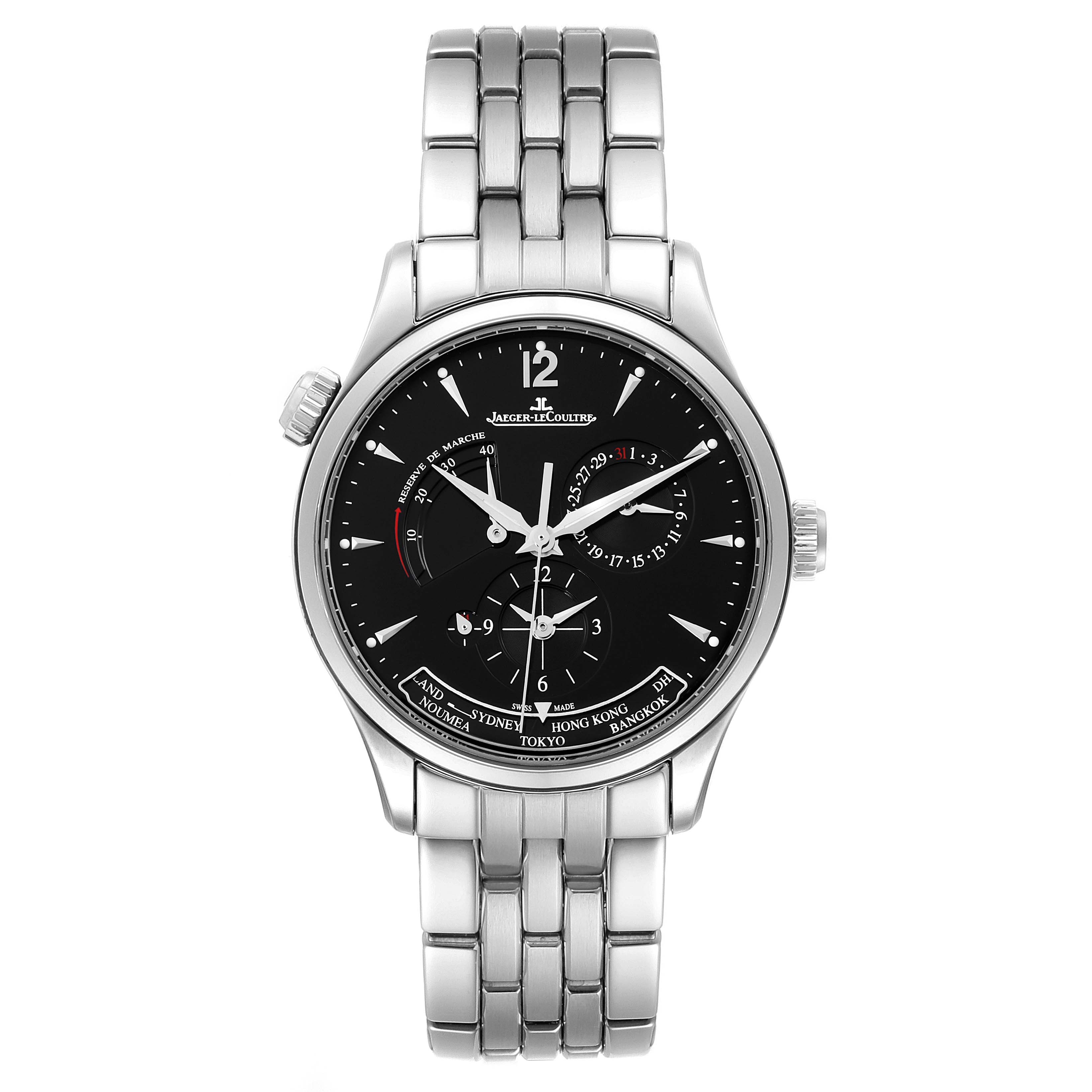 This image shows a front-facing Jaeger LeCoultre Master Q1428171 Men's Stainless Steel Black Dial Q1428171 Men's Stainless Steel Black Dial watch with a black dial and stainless steel bracelet.