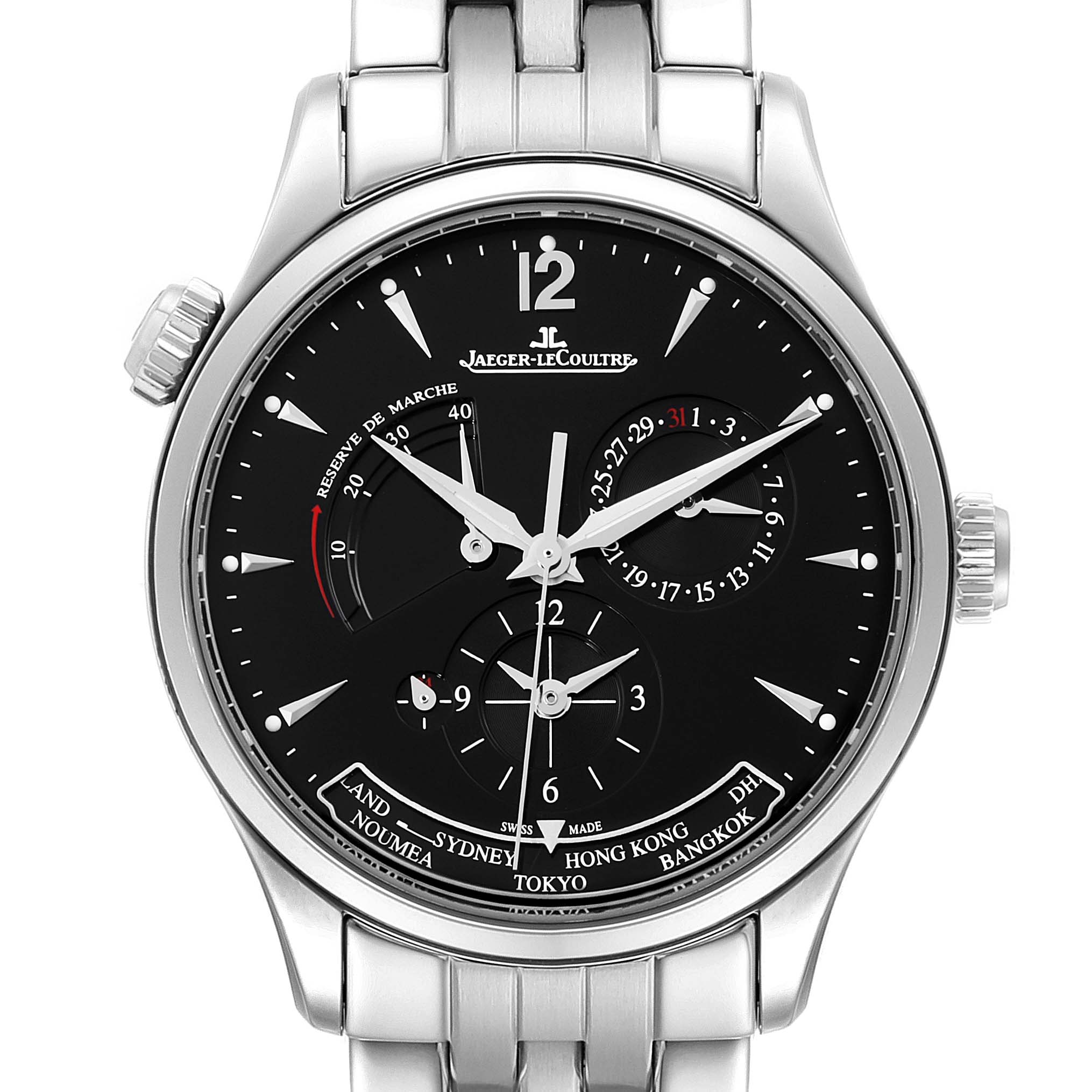 The image shows a frontal view of the Jaeger LeCoultre Master Q1428171 Men's Stainless Steel Black Dial Q1428171 Men's Stainless Steel Black Dial watch, highlighting the dial, hands, sub-dials, and stainless steel bracelet.
