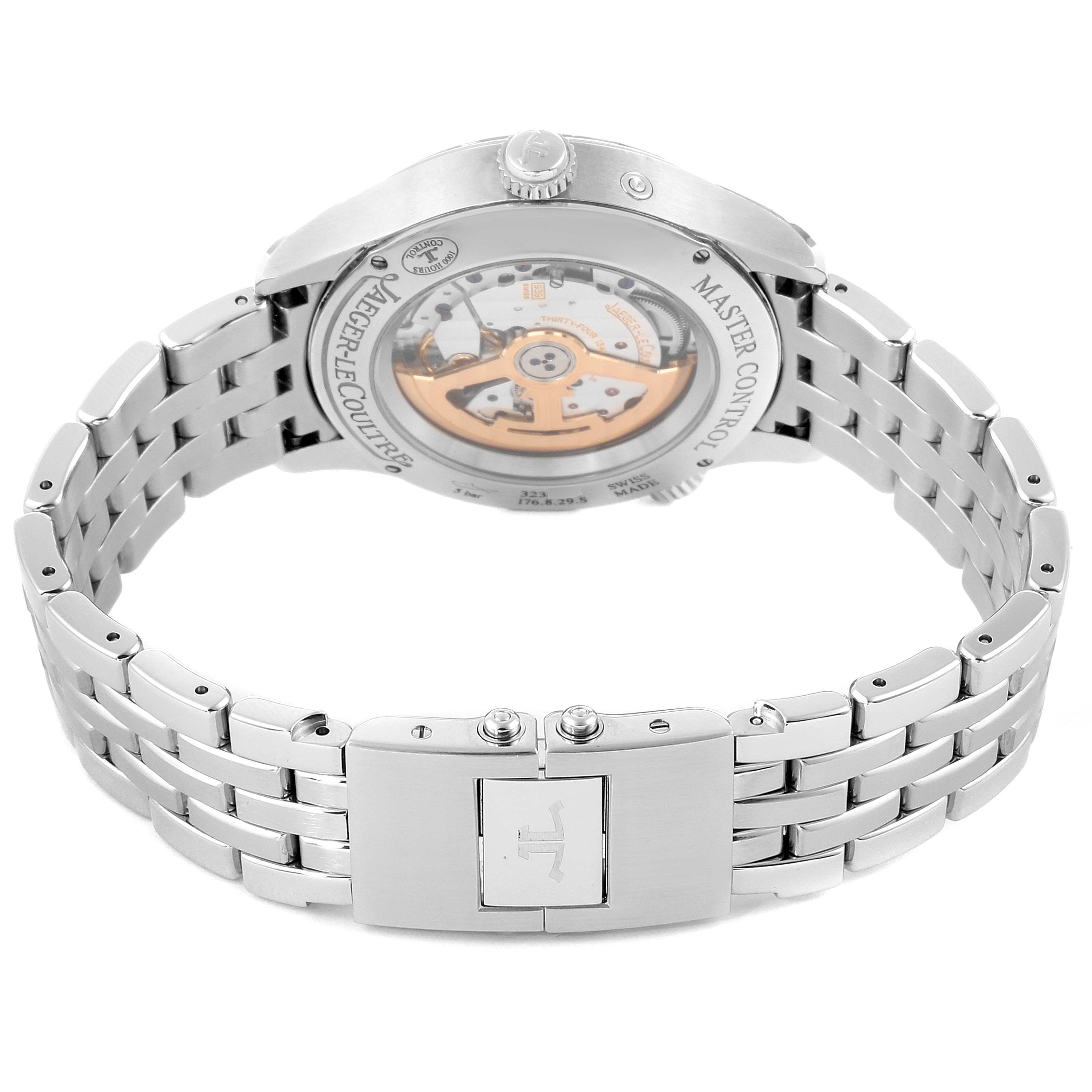 The image shows the Jaeger LeCoultre Master Q1428171 Men's Stainless Steel Black Dial Q1428171 Men's Stainless Steel Black Dial model watch from the back, highlighting its movement and stainless steel bracelet.