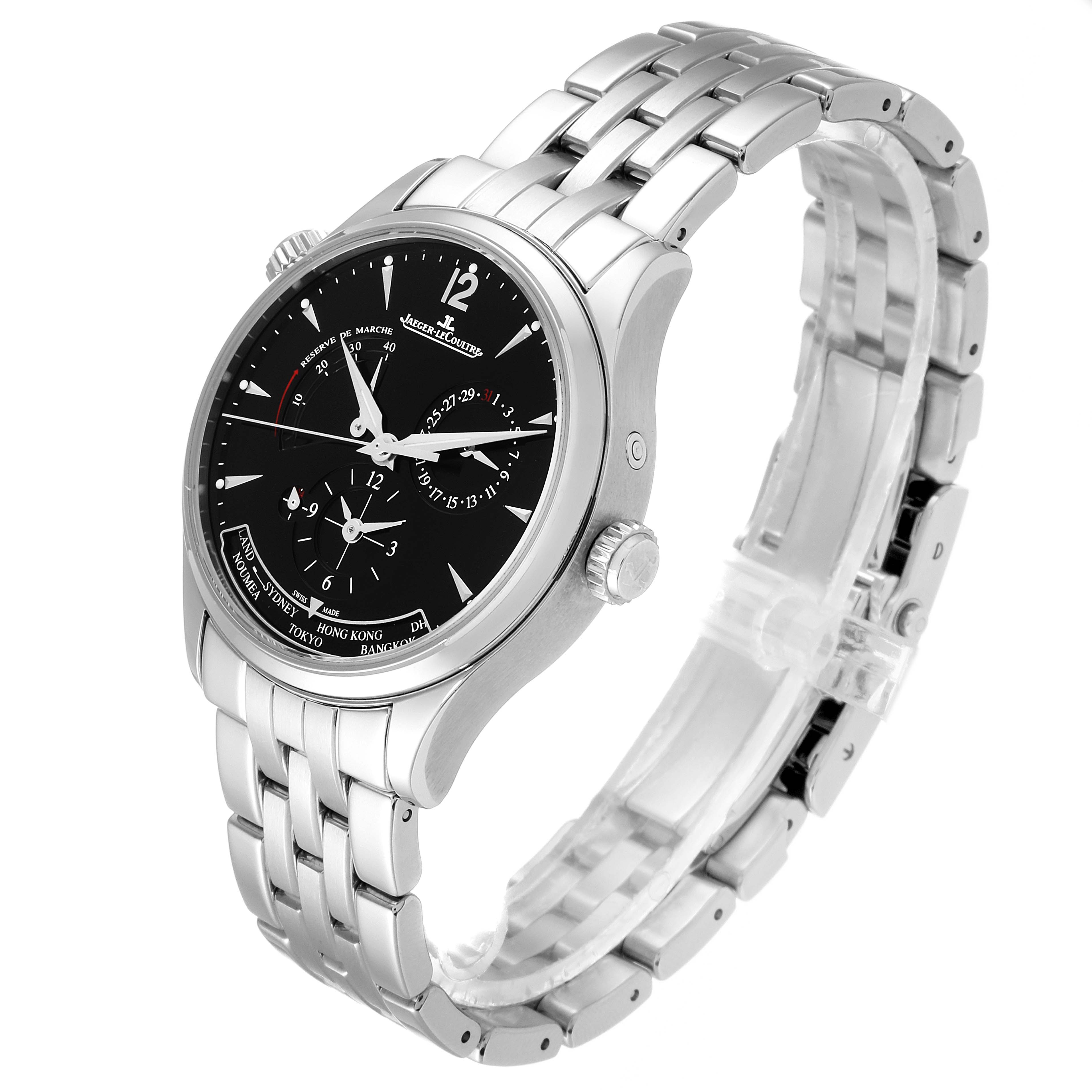 This image shows the Jaeger LeCoultre Master Q1428171 Men's Stainless Steel Black Dial Q1428171 Men's Stainless Steel Black Dial model watch at a three-quarter angle, highlighting its face, bezel, and metal bracelet.