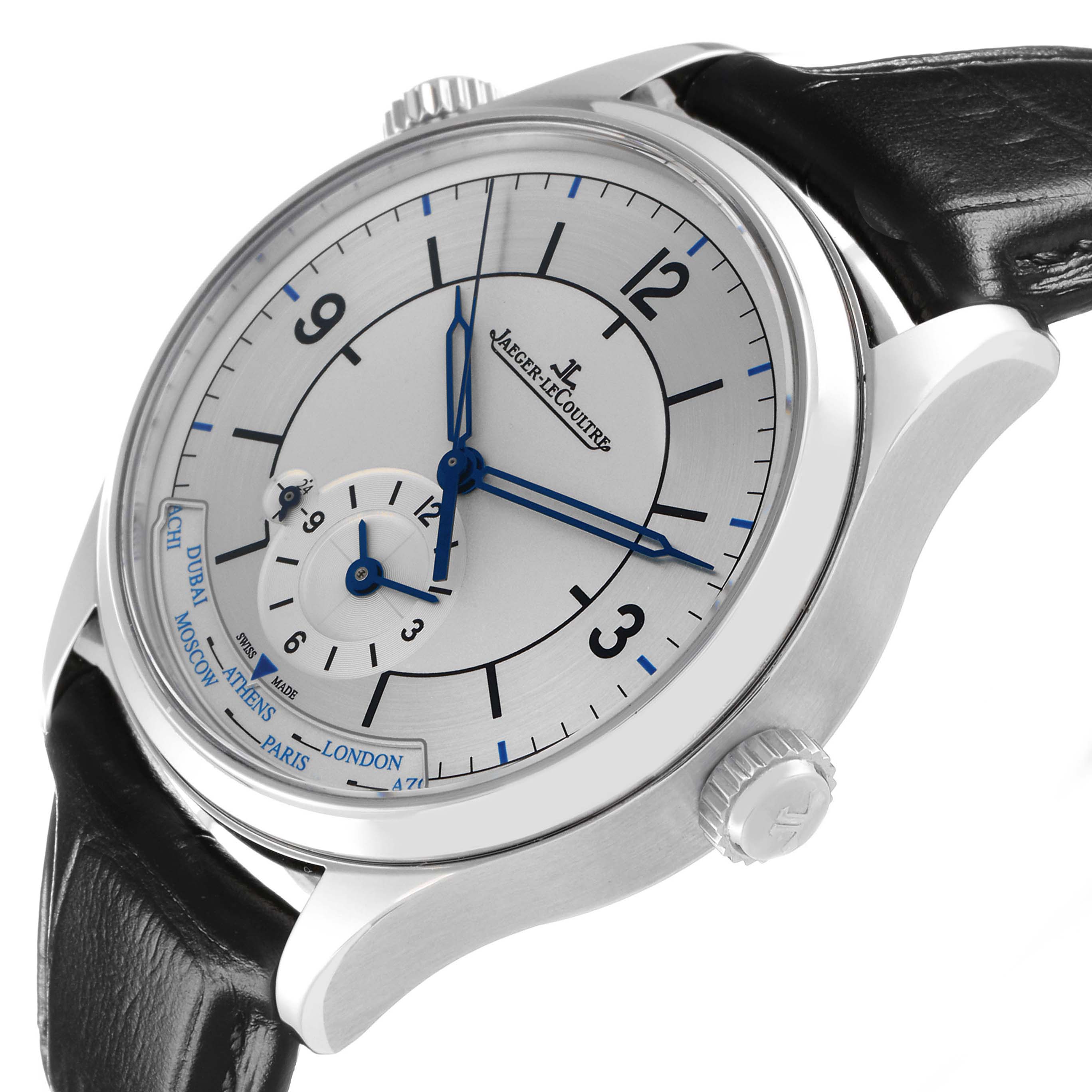 The Jaeger-LeCoultre Master model is shown at a slight angle, displaying the dial, Arabic numerals, subdial, and crown with a leather strap.