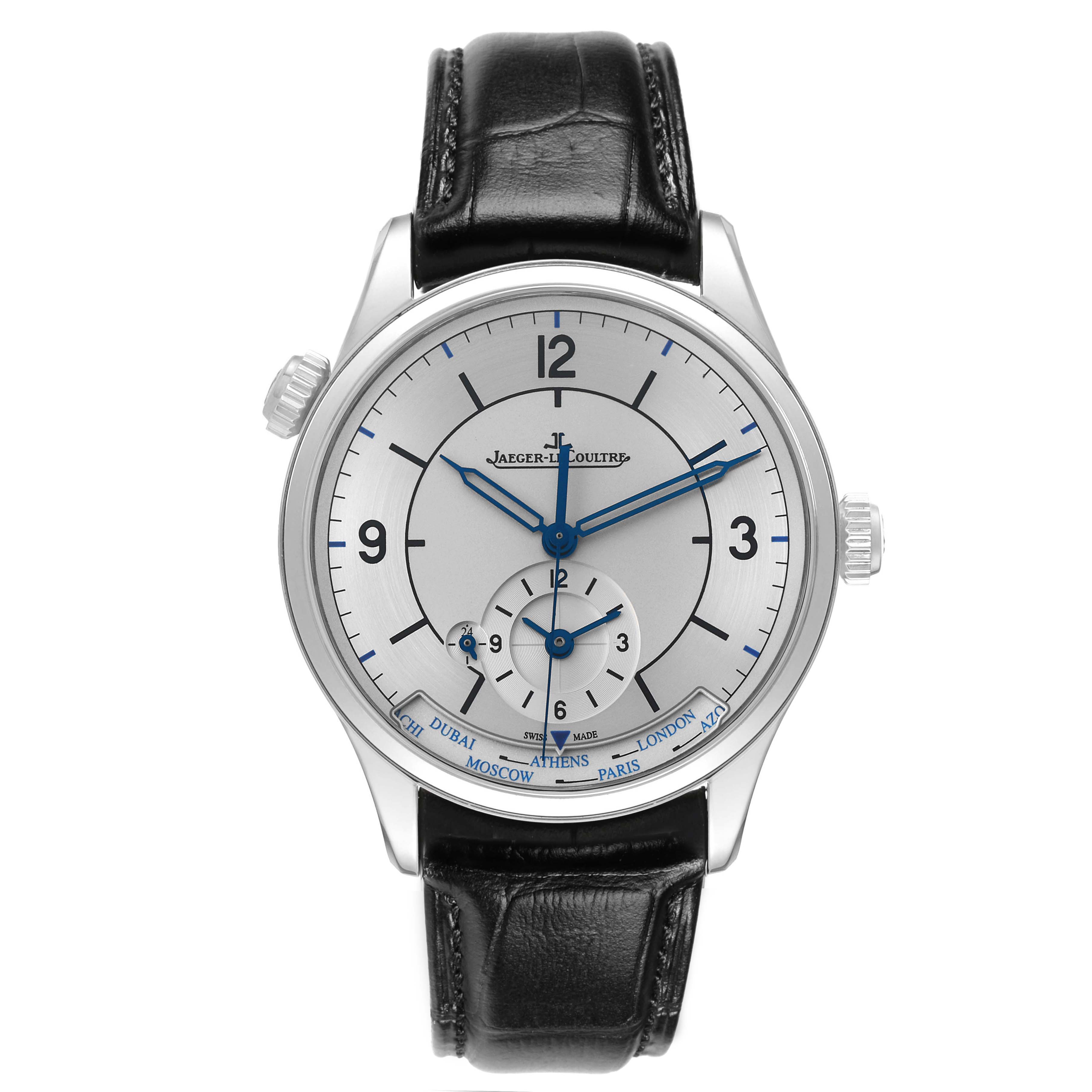The Jaeger LeCoultre Master Q1428530 Men's Stainless Steel Silver Dial watch is shown from a direct front angle, highlighting the dial, hands, and leather strap.