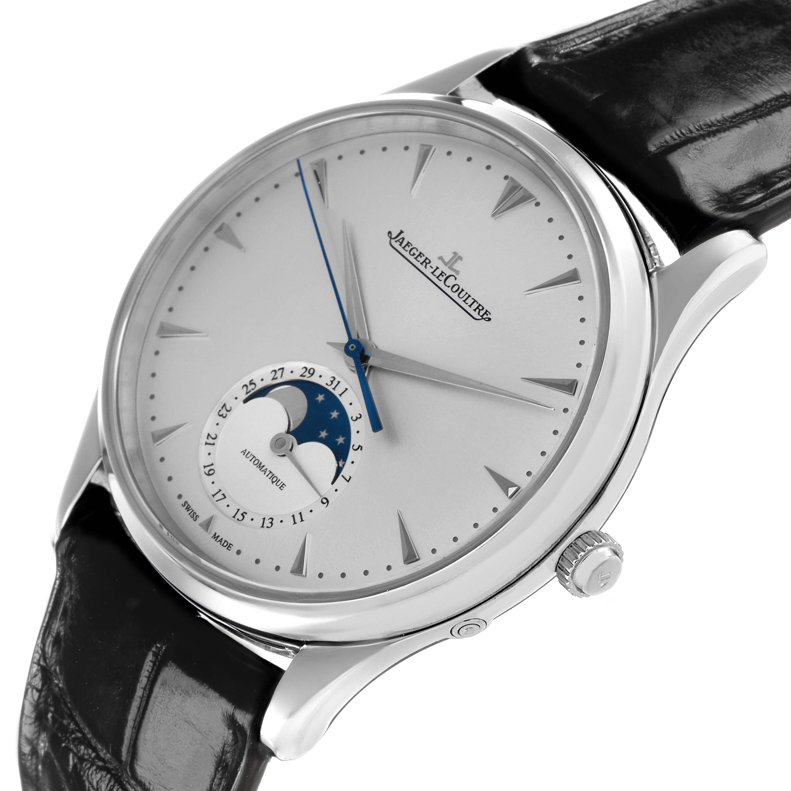 The Jaeger-LeCoultre Master watch is shown at a tilted angle, highlighting its moon phase and date indicators, along with its crown.