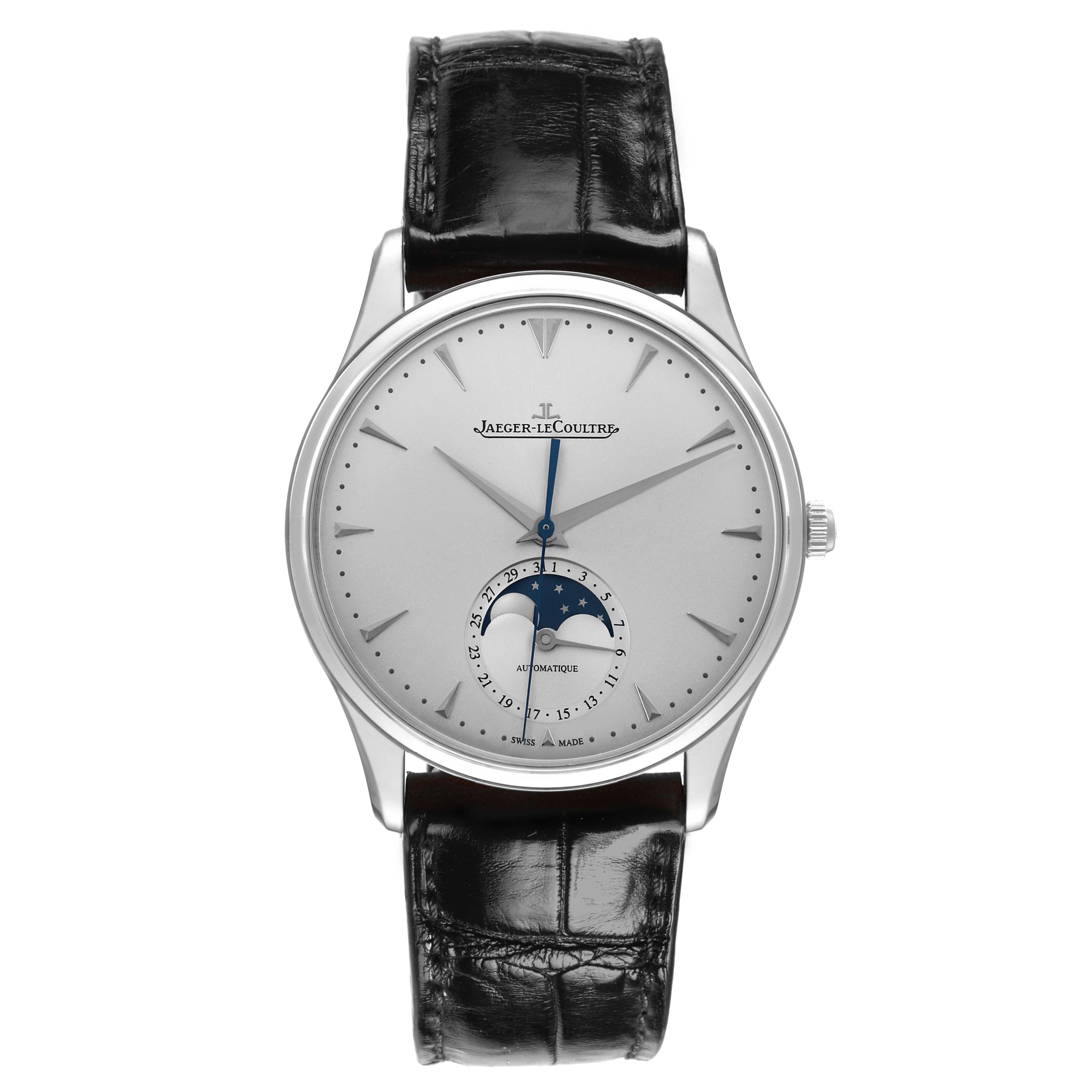 This Jaeger-LeCoultre Master model watch is shown from the front, displaying the dial, hands, moon phase, and leather strap.