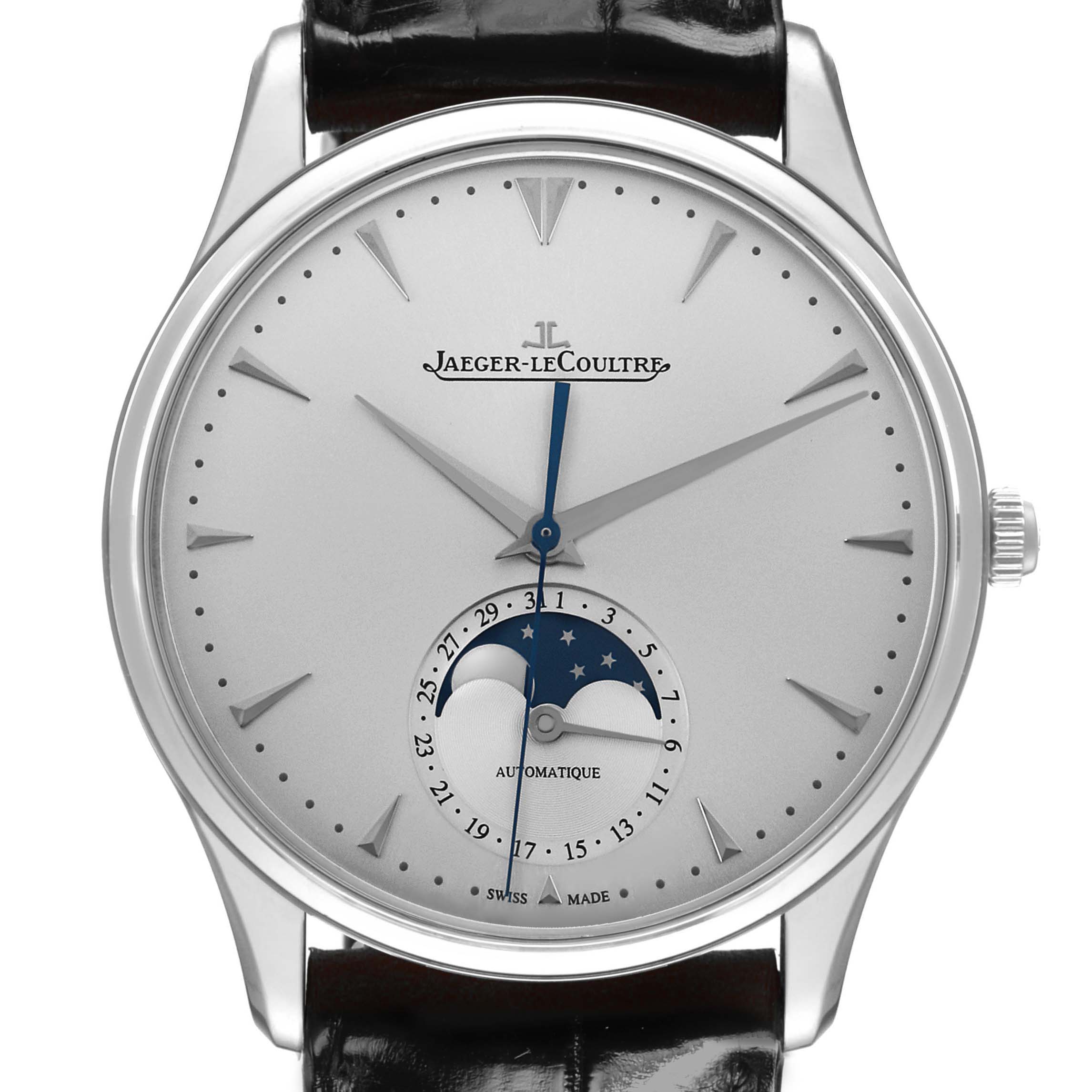 The Jaeger-LeCoultre Master watch is shown from a front angle, displaying the dial, moon phase, and crown.