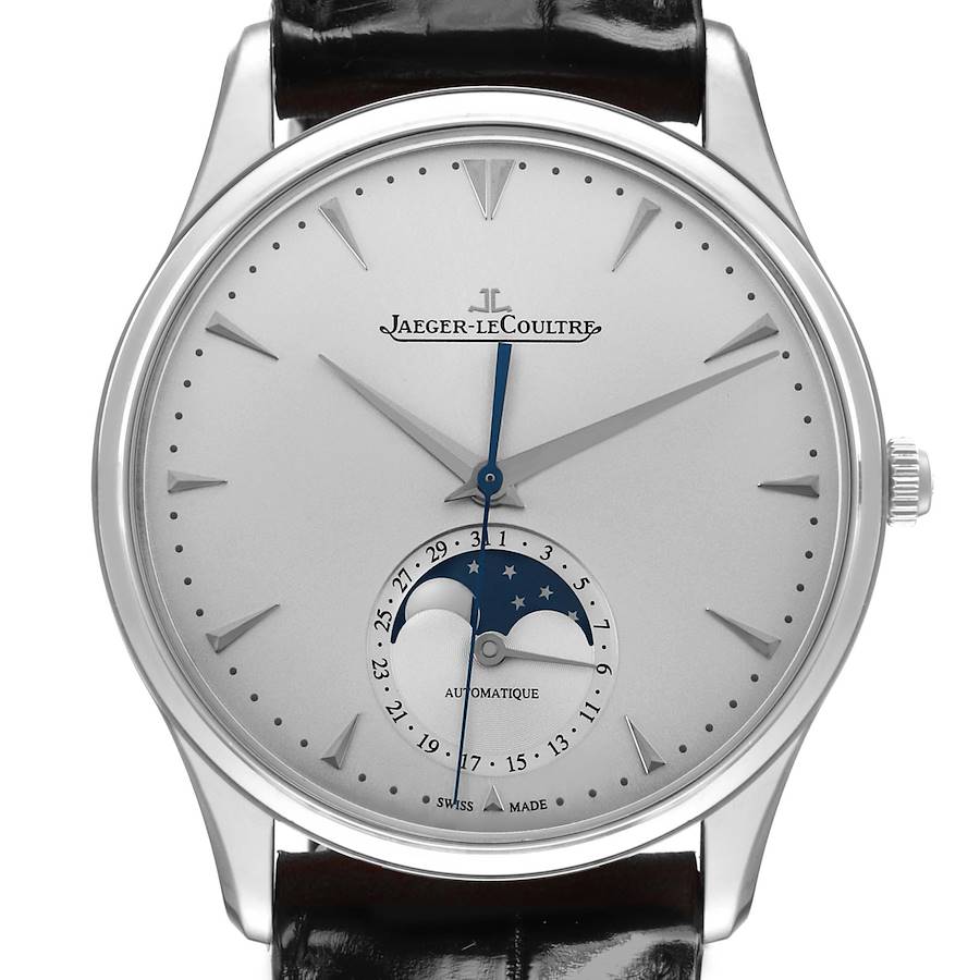 The Jaeger-LeCoultre Master watch is shown from a front angle, displaying the dial, moon phase, and crown.