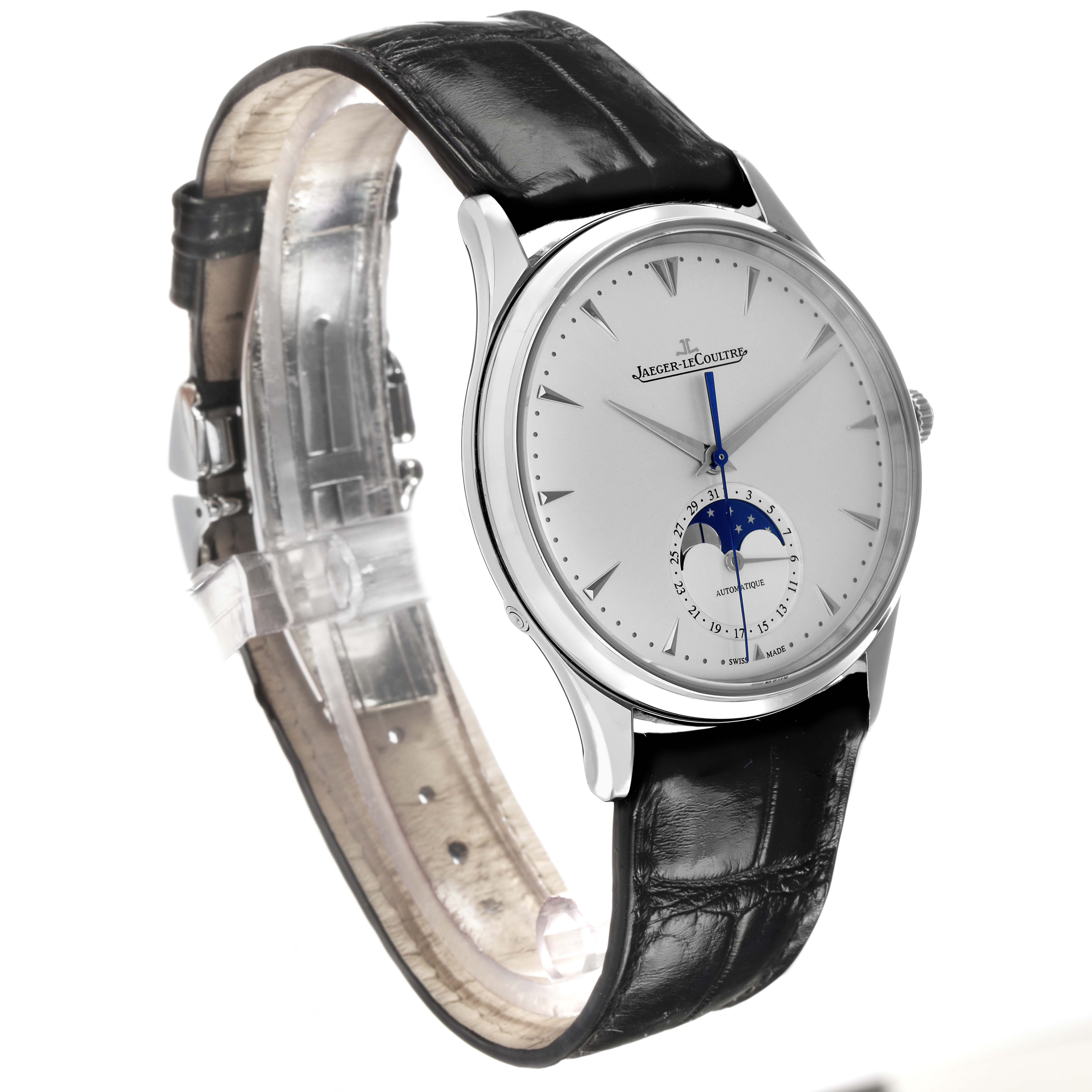 The Jaeger-LeCoultre Master watch is shown at a three-quarter angle, highlighting the face, moon phase, and black leather strap.