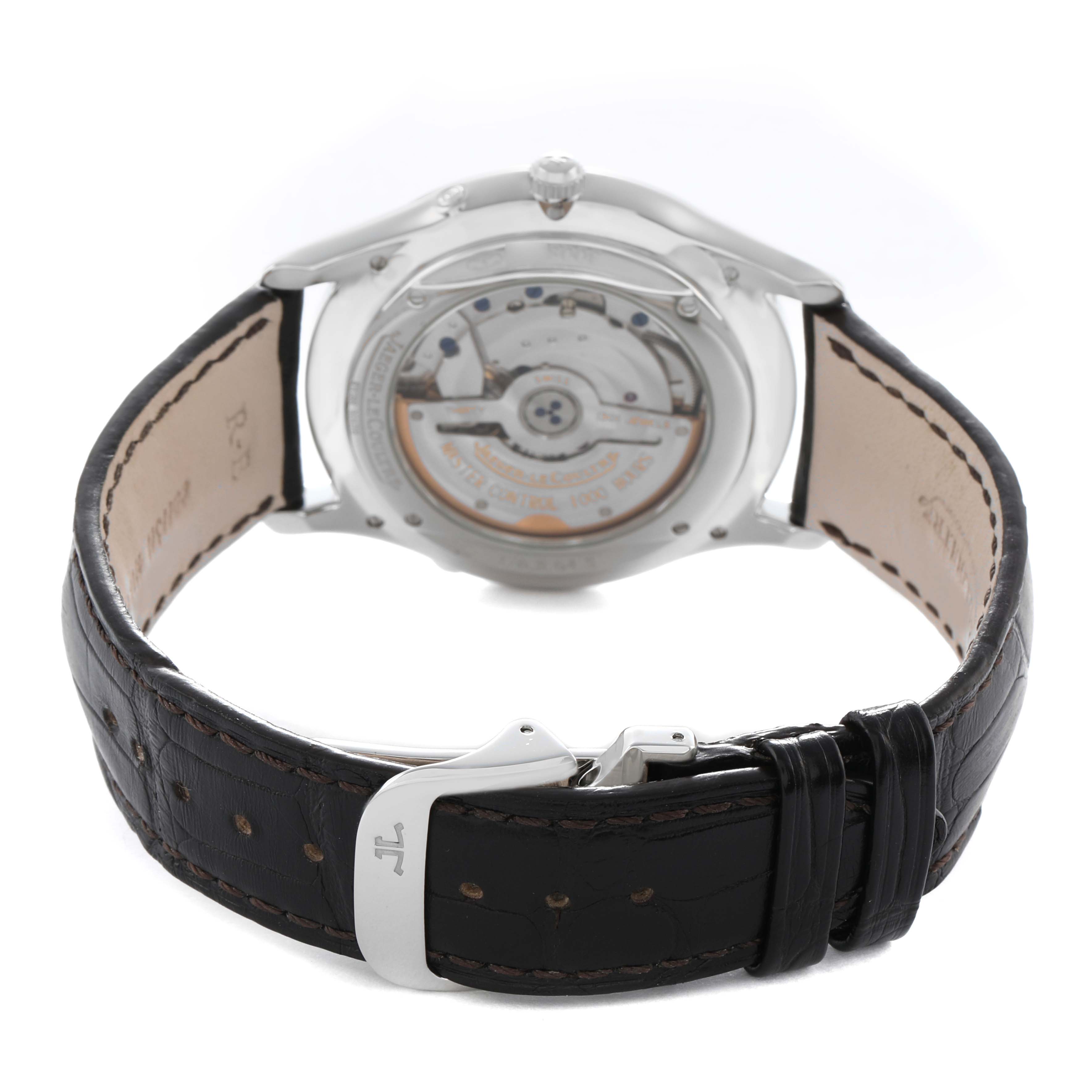The image shows the back of the Jaeger-LeCoultre Master watch, highlighting the leather strap and the see-through case back.