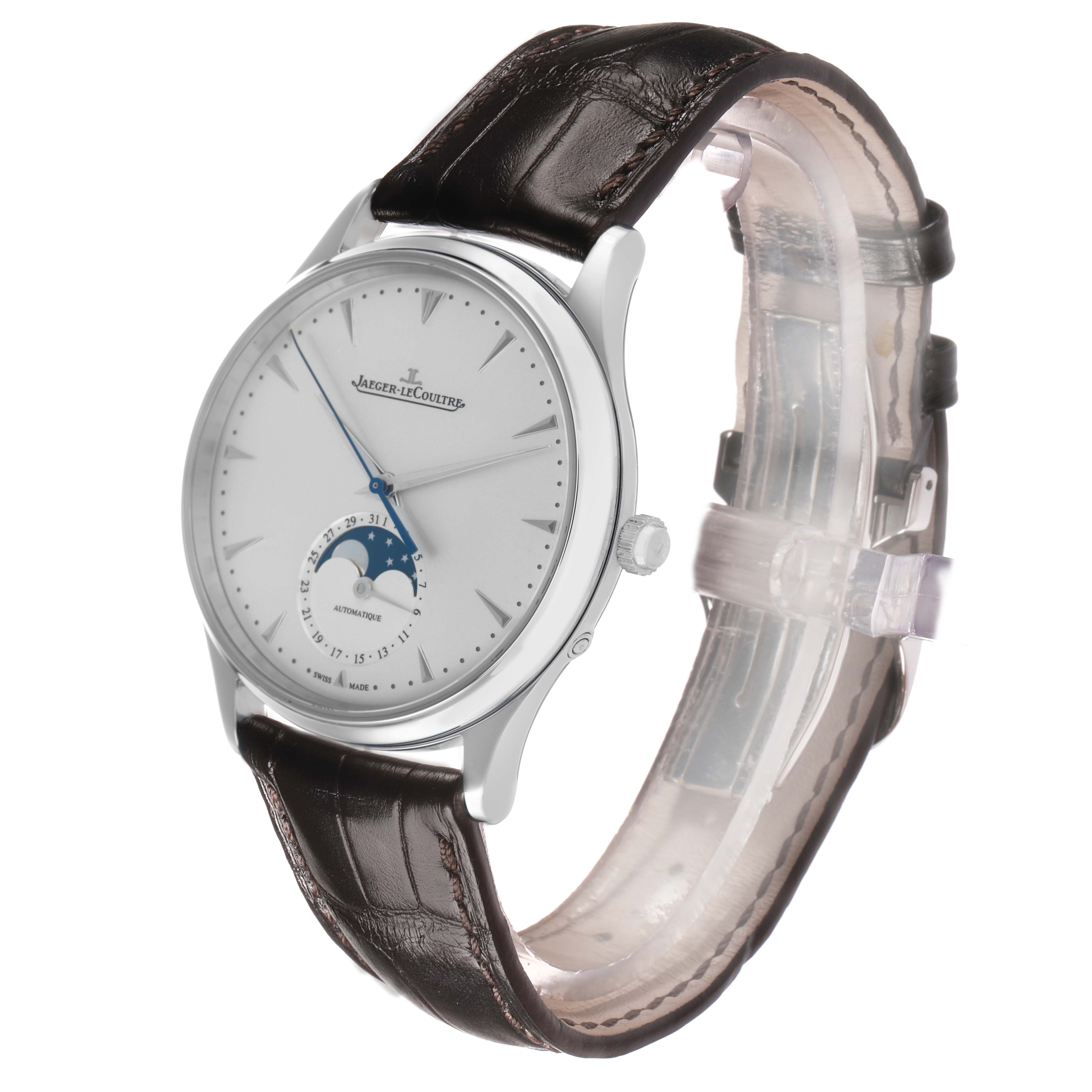 The Jaeger-LeCoultre Master watch is shown at a three-quarter angle, highlighting the face, case, and leather strap.