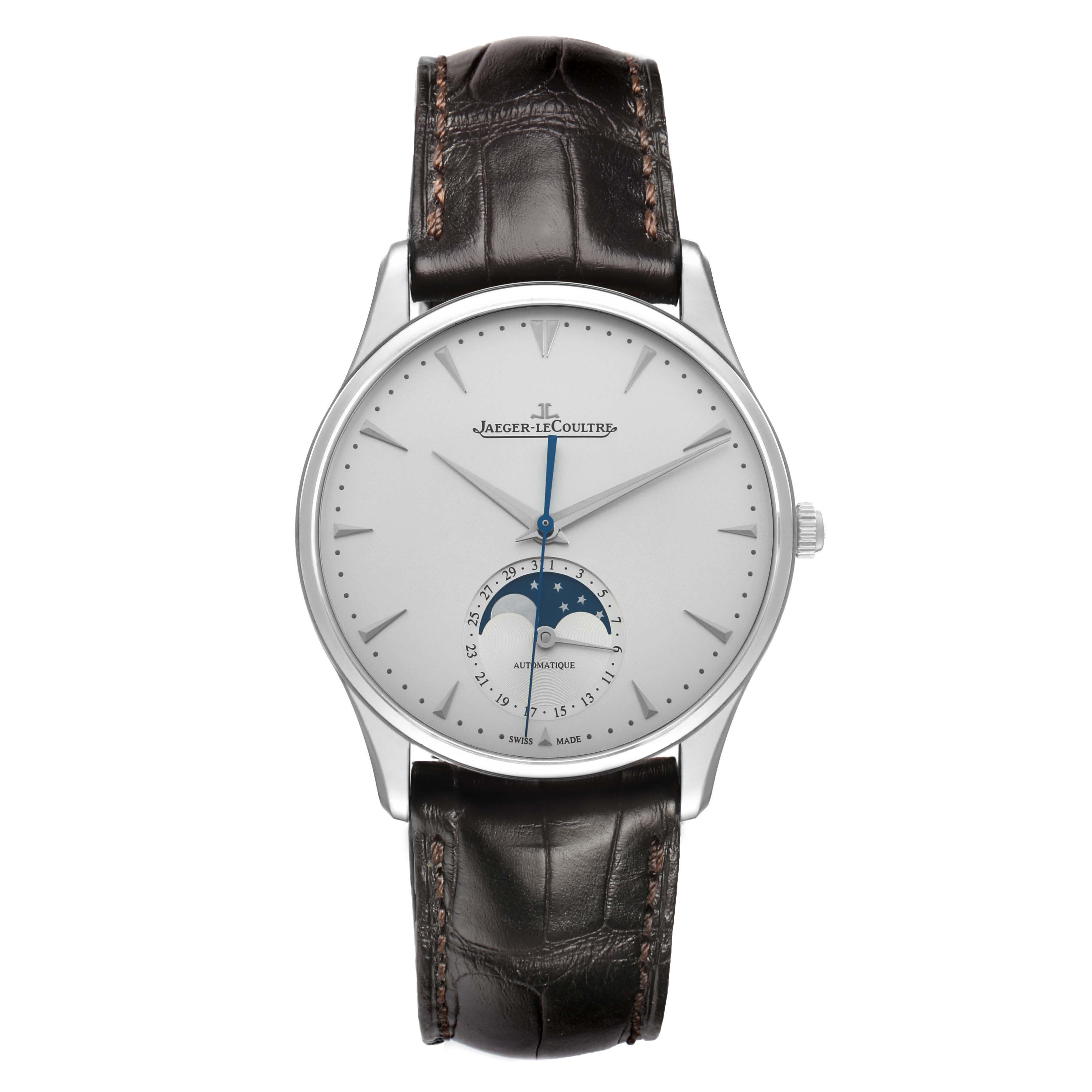 The Jaeger-LeCoultre Master watch is shown from a front view, displaying the dial, moon phase, and leather strap.