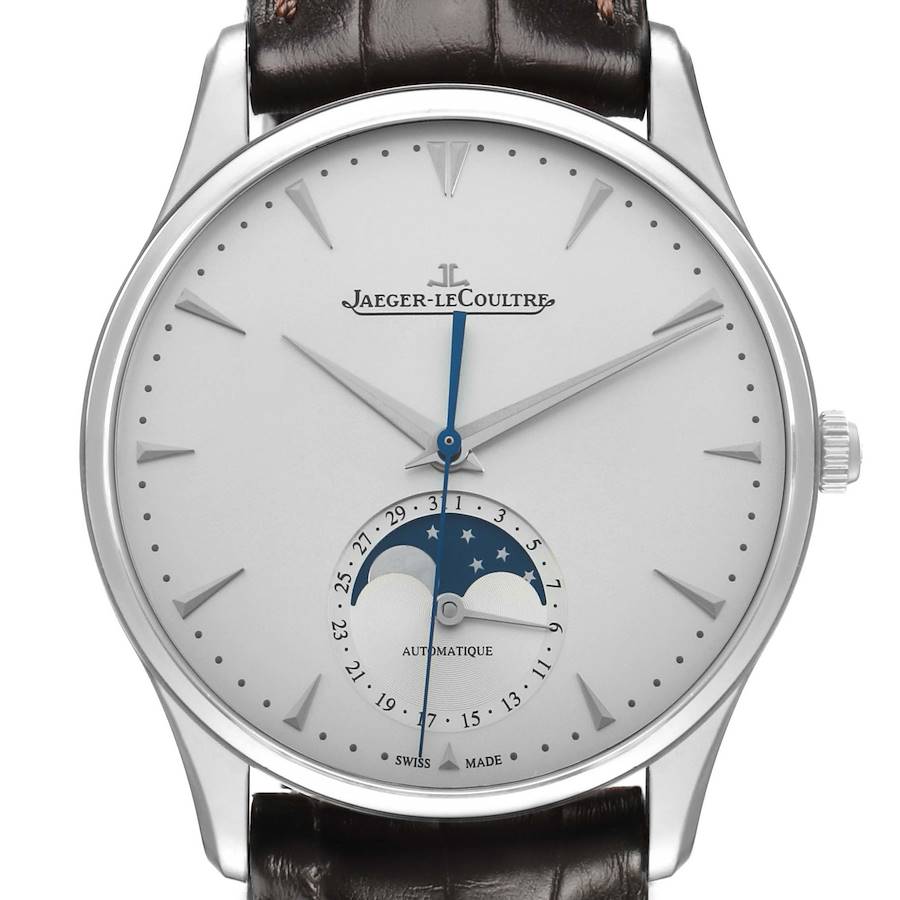 The Jaeger-LeCoultre Master watch is shown from a front angle, displaying the dial, moon phase, and part of the leather strap.