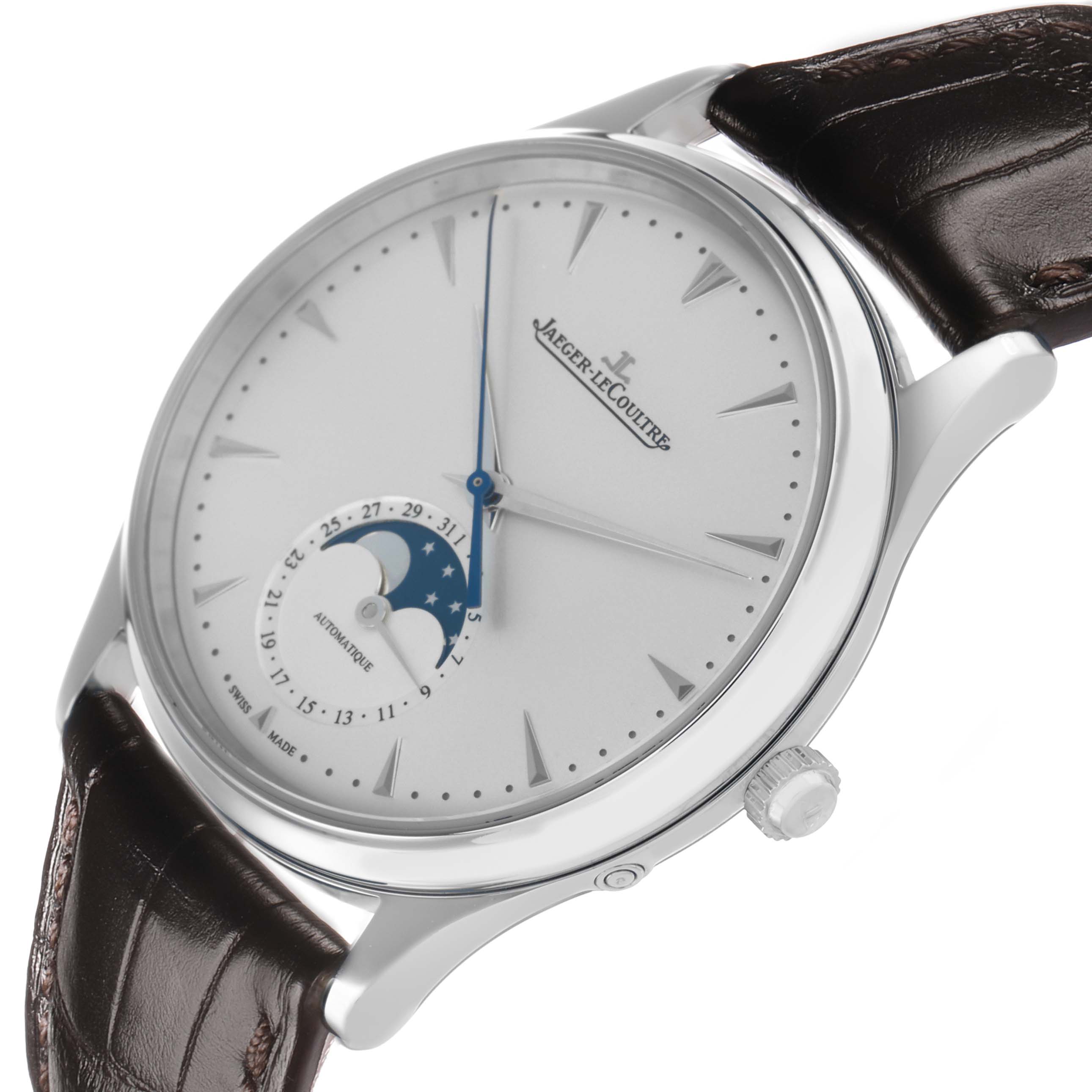 The Jaeger-LeCoultre Master watch is shown at an oblique angle displaying the dial, moon phase, and part of the leather strap.