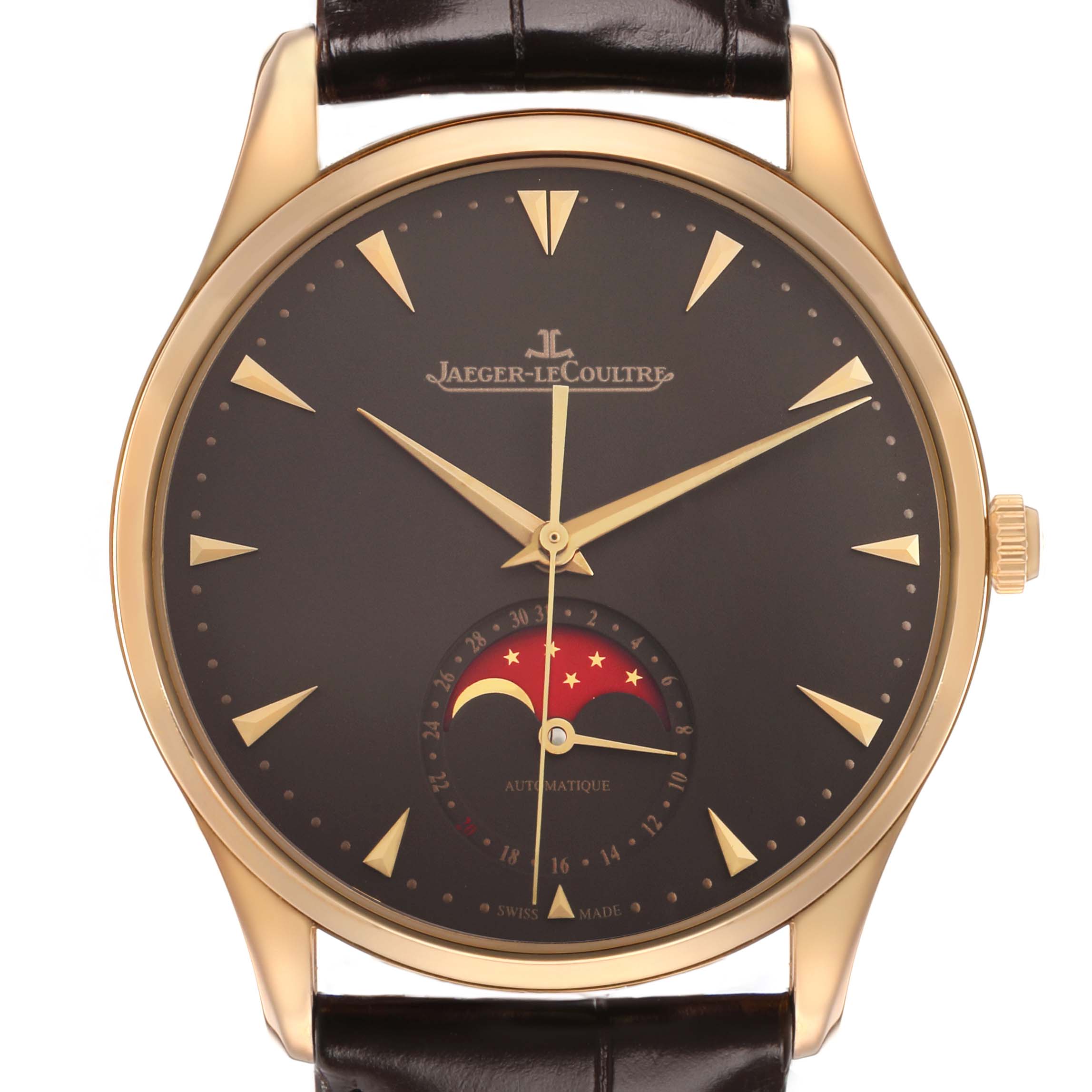 The Jaeger-LeCoultre Master watch is shown from the front, displaying its dial, moon phase, and leather strap.